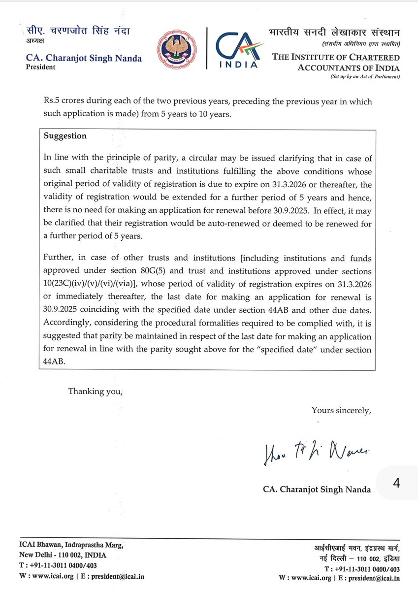 abhishekrajaram's tweet photo. Attaching a copy of the letter by then ICAI President Nanda Sir to the CBDT Chairman from the previous year in Sep-2025.

Please refer to page 2 of the letter, which explains that the law requires a "two-month" gap between the ITR filing date for Non-Corporate and the Tax Audit Report date. ICAI therefore requested an extension, which was later granted, and the date was extended.

This year, a new date of 31-Aug was introduced; therefore, the mandatory gap of two months has been reduced to one month. This was never the expectation of the change. The result is that many members are feeling overburdened and under pressure.

If last year's view of ICAI is correct, then this year also ICAI should come forward and request an extension.

Based on the calls and messages received, I feel the common member is under pressure and is avoiding writing anything publicly, though vocal in person.

ICAI and the Council should open a dialogue and listen to members. After hearing members’ views, they should make the final decision.

रही बात मेरी, अगर मेरे एक भी member को stress feel हो रहा है और extension की ज़रूरत है, तो मैं अपने member के साथ खड़ा हूँ !! हालाँकि मुझे अपने लिए कोई extension नहीं चाहिए, क्योंकि मैं Income Tax और Compliance practice में नहीं हूं। पर अगर कोई member लड़ रहा है , तो मुझे अपने साथ ही समझे !!

 और ये आखरी शायरी उनके लिए जो इस लड़ाई को कमज़ोर करने की कोशिश में लगे हुए हैं :

"तुम्हारी सोच के सांचे में ढल नहीं सकता,
ज़बान काट लो, लहजा बदल नहीं सकता।
मुझे भी मोम का पुतला समझ रहे हो क्या,
तुम्हारी लौ से ये लोहा पिघल नहीं सकता!"
~ महशर आफ़रीदी