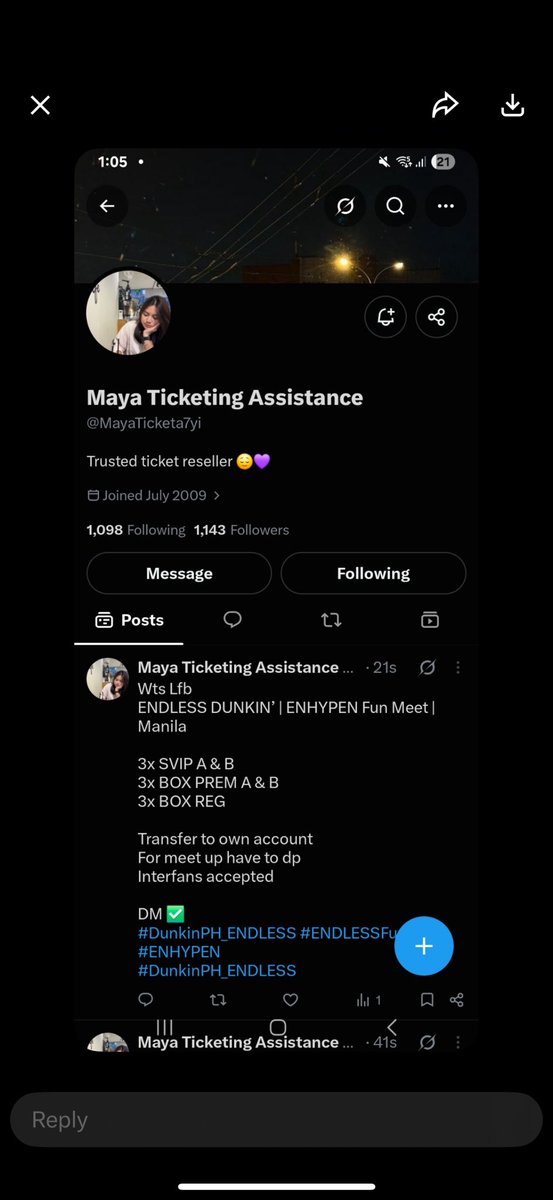 BTS_SCAMMERS's tweet photo. scammer  ‼️‼️‼️

@MayaTicketa7yi 

name used : Sofia Marielle Ti (probably stolen identity) 

#DunkinPH_ENDLESS #ENDLESSFunMeet #ENHYPEN https://t.co/5SpYLqWxAZ