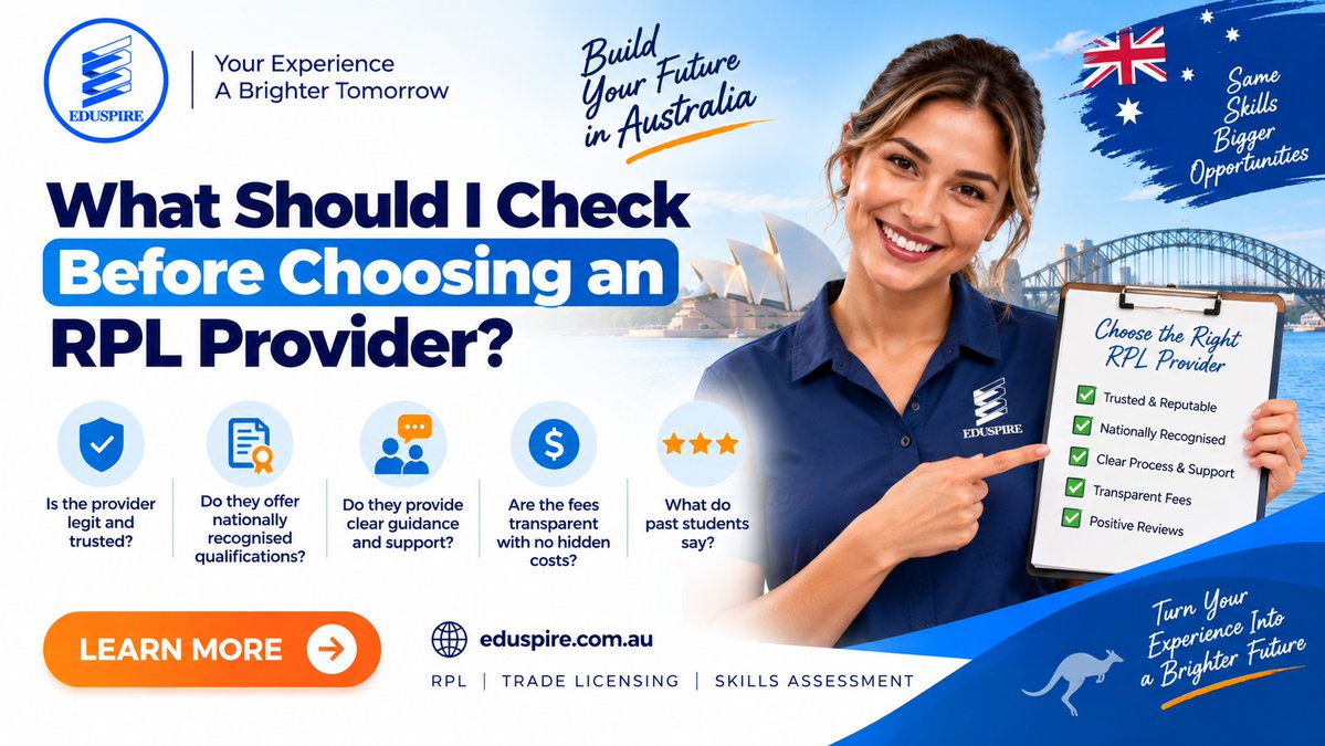 Eduspire_social's tweet photo. Choosing an RPL provider? Know what to check first!
#RPL #RPLAustralia #RecognitionOfPriorLearning #SkillsRecognition #SkillsAssessment #AustralianQualifications #TradeCourses #TradeQualification #CareerAustralia #WorkExperience #VETAustralia #Eduspire https://t.co/G8RpSyVh19