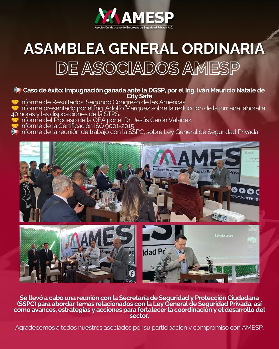 AMESP_oficial's tweet photo. @servisegdaniel @vtorreslanda 👏 Agradecemos a todos nuestros asociados por su participación y compromiso con AMESP.

Juntos seguimos fortaleciendo la seguridad privada en México.

#AsambleaGeneral #SeguridadPrivada #MesaDirectiva #AsociadosAMESP #Profesionalización #FortalecimientoInstitucional https://t.co/7n9AoDJt73