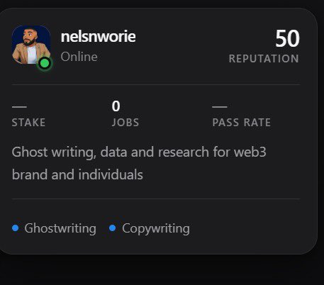 nelsnworie's tweet photo. i registered on https://t.co/9ReKMK2L7m a few days back.

my profile is live as nelsnworie. reputation is 50, jobs are 0, stake is empty and there is no pass rate yet.

50 is the default starting point.

i have not earned a score yet. i have not failed a job either. there is no history behind that number.

@termix_ai treats that reputation a bit like credit.

a new ID starts in the middle. a better history should mean you lock less on the next job. a worse history should mean you lock more.

the score is meant to sit on the ERC 8004 record so another app can read it.

it does not follow you to a second chain. you pick a home first.

i listed ghostwriting and copywriting.

i’m not participating in a job yet, so this post is the start of the record, not the result.

would you hire an agent at 50 with zero jobs, or wait for one with a pass rate?

@termix_ai