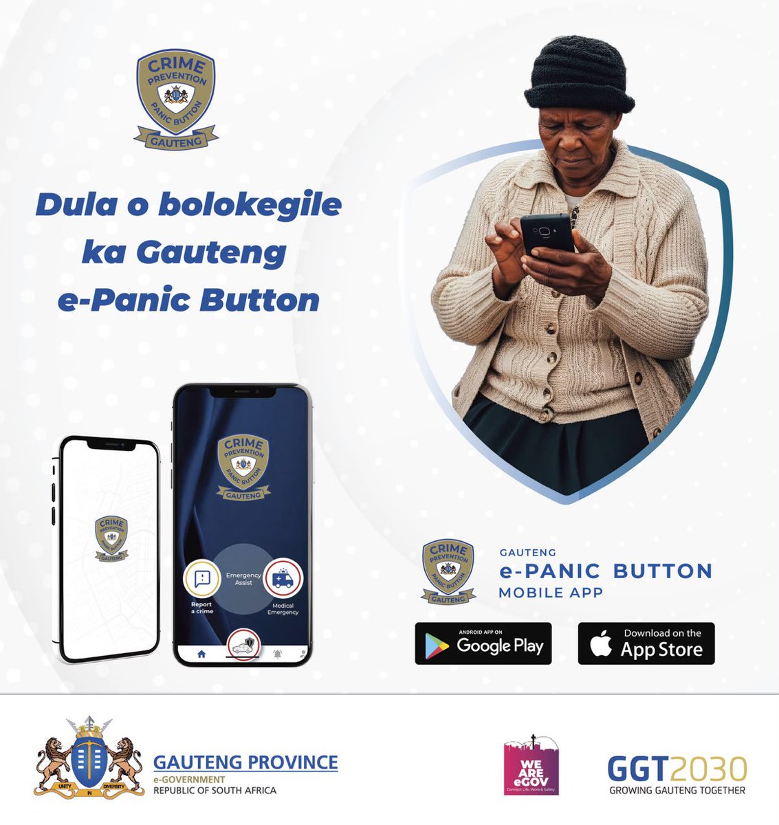 GP_CommSafety's tweet photo. Have you downloaded the Gauteng e-Panic button App yet? 

Protect yourself and your family with just one tap, you can quickly alert authorities in an emergency, ensuring help is always within reach. 

Your safety is our priority.

#GrowingASaferGauteng #epanicbutton https://t.co/TlyEMre4g4
