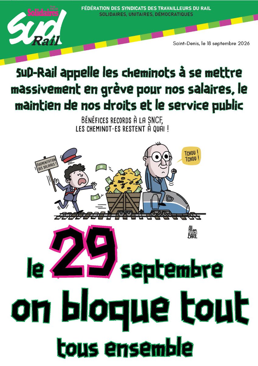 Fede_SUD_Rail's tweet photo. 🧨 Le #29septembre, la fédération #SUDRail appelle les cheminot•es à se mettre massivement en grève pour nos salaires et le service public. 

@UnionSolidaires https://t.co/hKh4Eksf4a