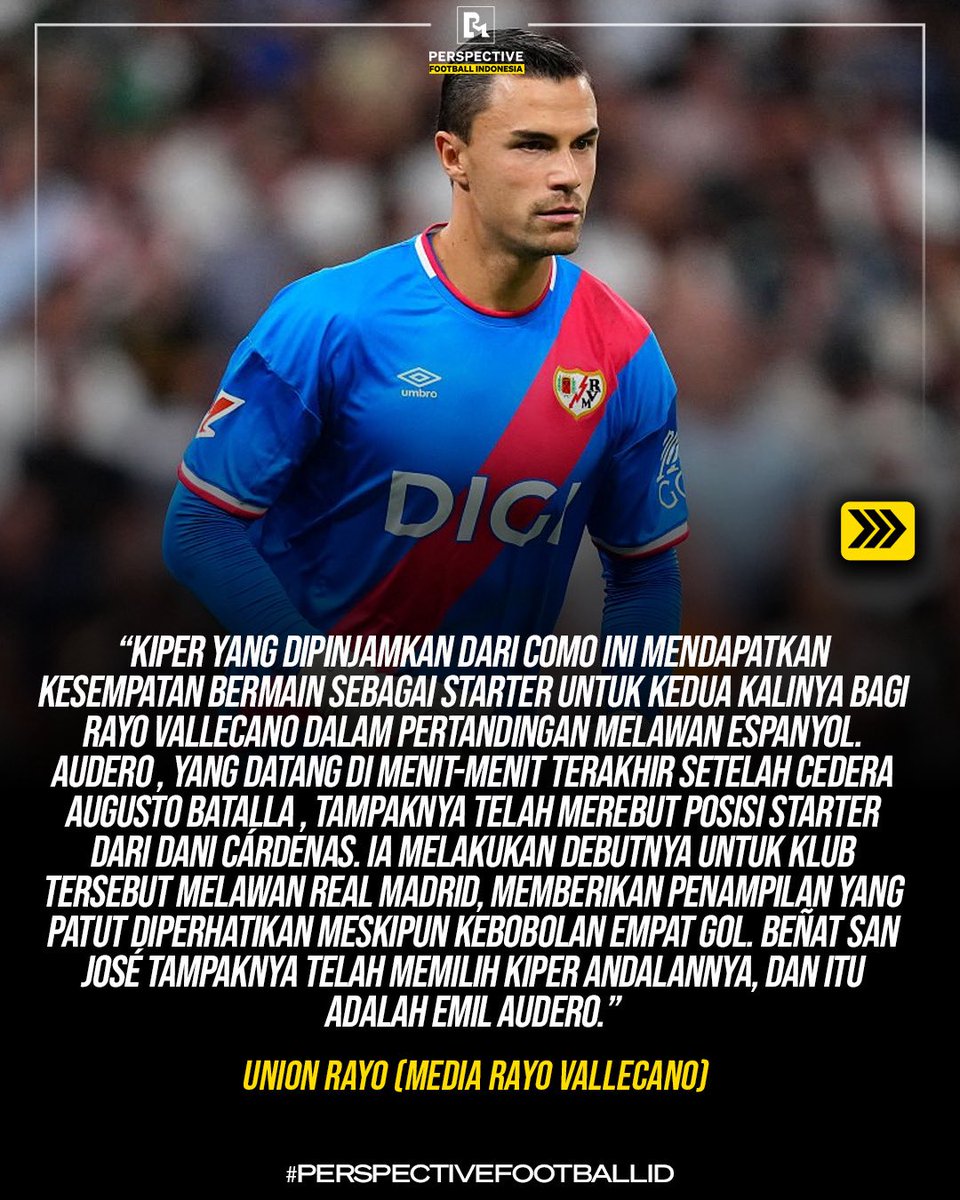 Persfootball's tweet photo. 🚨PELATIH SUDAH PUNYA ANDALAN.. EMIL AUDERO NAMANYA! 🇮🇩🧤✅

Emil Audero berhasil merebut posisi kiper utama di Rayo Vallecano dari Dani Cárdenas berkat penampilan yang penuh percaya diri dan solid saat melawan Real Madrid serta Espanyol. Meskipun kebobolan empat gol di laga debutnya melawan Real Madrid, Audero tampil impresif dan melanjutkan performa apiknya saat dipercaya menjadi starter di laga melawan Espanyol.🔝📈

Pelatih Beñat San José memilih Audero sebagai kiper utama karena kepercayaan dirinya di bawah mistar gawang, sementara Dani Cárdenas tergeser menjadi kiper cadangan. 🔥✨