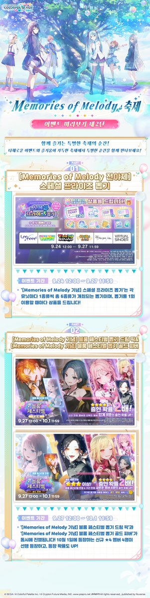 kr_pjsekai's tweet photo. ✨[Memories of Melody 기념] 이벤트 정보 미리보기 제2탄✨

Memories of Melody 축제를 기념하여 다양한 이벤트를 준비했으니 많은 기대 부탁드립니다.
지금까지 함께해 주신 주민 여러분께 진심으로 감사드리며, 앞으로도 새로운 여정을 함께 걸어가겠습니다.

오늘은 [Memories of Melody 기념] 이벤트 정보 미리보기 제2탄을 소개해 드립니다!

♪ [Memories of Melody 전야제] 스페셜 프라이즈 뽑기
♪ [Memories of Melody 기념] 블룸 페스티벌 뽑기 드림 픽&[Memories of Melody 기념] 블룸 페스티벌 뽑기 골드 피버
♪ [Memories of Melody 기념] 1/3 셀렉트 리스트 뽑기 LIMITED EDITION
♪ [Memories of Melody 기념] 메모리얼 셀렉트 뽑기
♪ [Memories of Melody 기념] 프리미엄 선물 뽑기
♪ [Memories of Melody 기념] 컬렉션 BOX
♪ [Memories of Melody 기념] 크리스탈 상점
♪ [Memories of Melody 기념] 서프라이즈 세트

☕자세한 내용은 공식 카페(https://t.co/pV6GMW73lm)에서 확인해 주세요~