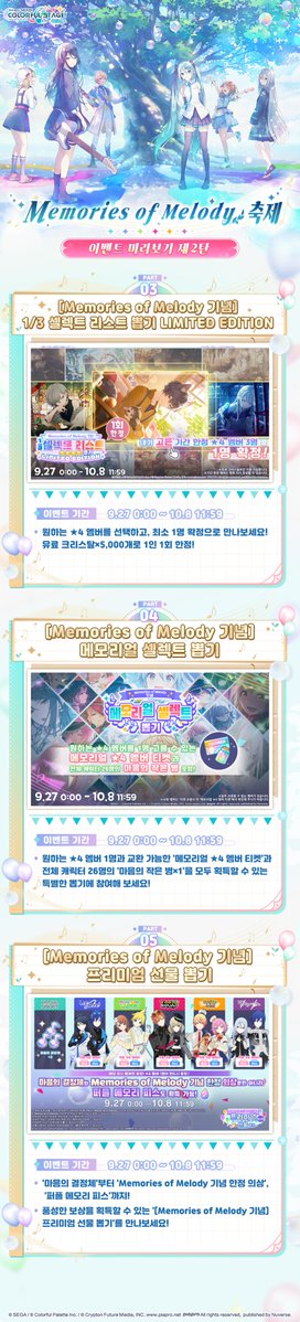 kr_pjsekai's tweet photo. ✨[Memories of Melody 기념] 이벤트 정보 미리보기 제2탄✨

Memories of Melody 축제를 기념하여 다양한 이벤트를 준비했으니 많은 기대 부탁드립니다.
지금까지 함께해 주신 주민 여러분께 진심으로 감사드리며, 앞으로도 새로운 여정을 함께 걸어가겠습니다.

오늘은 [Memories of Melody 기념] 이벤트 정보 미리보기 제2탄을 소개해 드립니다!

♪ [Memories of Melody 전야제] 스페셜 프라이즈 뽑기
♪ [Memories of Melody 기념] 블룸 페스티벌 뽑기 드림 픽&[Memories of Melody 기념] 블룸 페스티벌 뽑기 골드 피버
♪ [Memories of Melody 기념] 1/3 셀렉트 리스트 뽑기 LIMITED EDITION
♪ [Memories of Melody 기념] 메모리얼 셀렉트 뽑기
♪ [Memories of Melody 기념] 프리미엄 선물 뽑기
♪ [Memories of Melody 기념] 컬렉션 BOX
♪ [Memories of Melody 기념] 크리스탈 상점
♪ [Memories of Melody 기념] 서프라이즈 세트

☕자세한 내용은 공식 카페(https://t.co/pV6GMW73lm)에서 확인해 주세요~