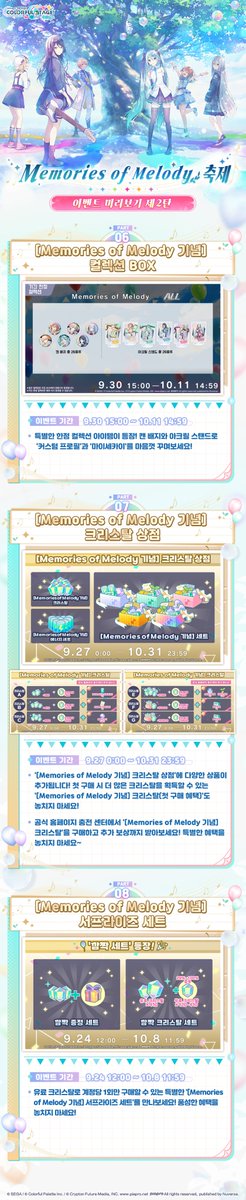 kr_pjsekai's tweet photo. ✨[Memories of Melody 기념] 이벤트 정보 미리보기 제2탄✨

Memories of Melody 축제를 기념하여 다양한 이벤트를 준비했으니 많은 기대 부탁드립니다.
지금까지 함께해 주신 주민 여러분께 진심으로 감사드리며, 앞으로도 새로운 여정을 함께 걸어가겠습니다.

오늘은 [Memories of Melody 기념] 이벤트 정보 미리보기 제2탄을 소개해 드립니다!

♪ [Memories of Melody 전야제] 스페셜 프라이즈 뽑기
♪ [Memories of Melody 기념] 블룸 페스티벌 뽑기 드림 픽&[Memories of Melody 기념] 블룸 페스티벌 뽑기 골드 피버
♪ [Memories of Melody 기념] 1/3 셀렉트 리스트 뽑기 LIMITED EDITION
♪ [Memories of Melody 기념] 메모리얼 셀렉트 뽑기
♪ [Memories of Melody 기념] 프리미엄 선물 뽑기
♪ [Memories of Melody 기념] 컬렉션 BOX
♪ [Memories of Melody 기념] 크리스탈 상점
♪ [Memories of Melody 기념] 서프라이즈 세트

☕자세한 내용은 공식 카페(https://t.co/pV6GMW73lm)에서 확인해 주세요~