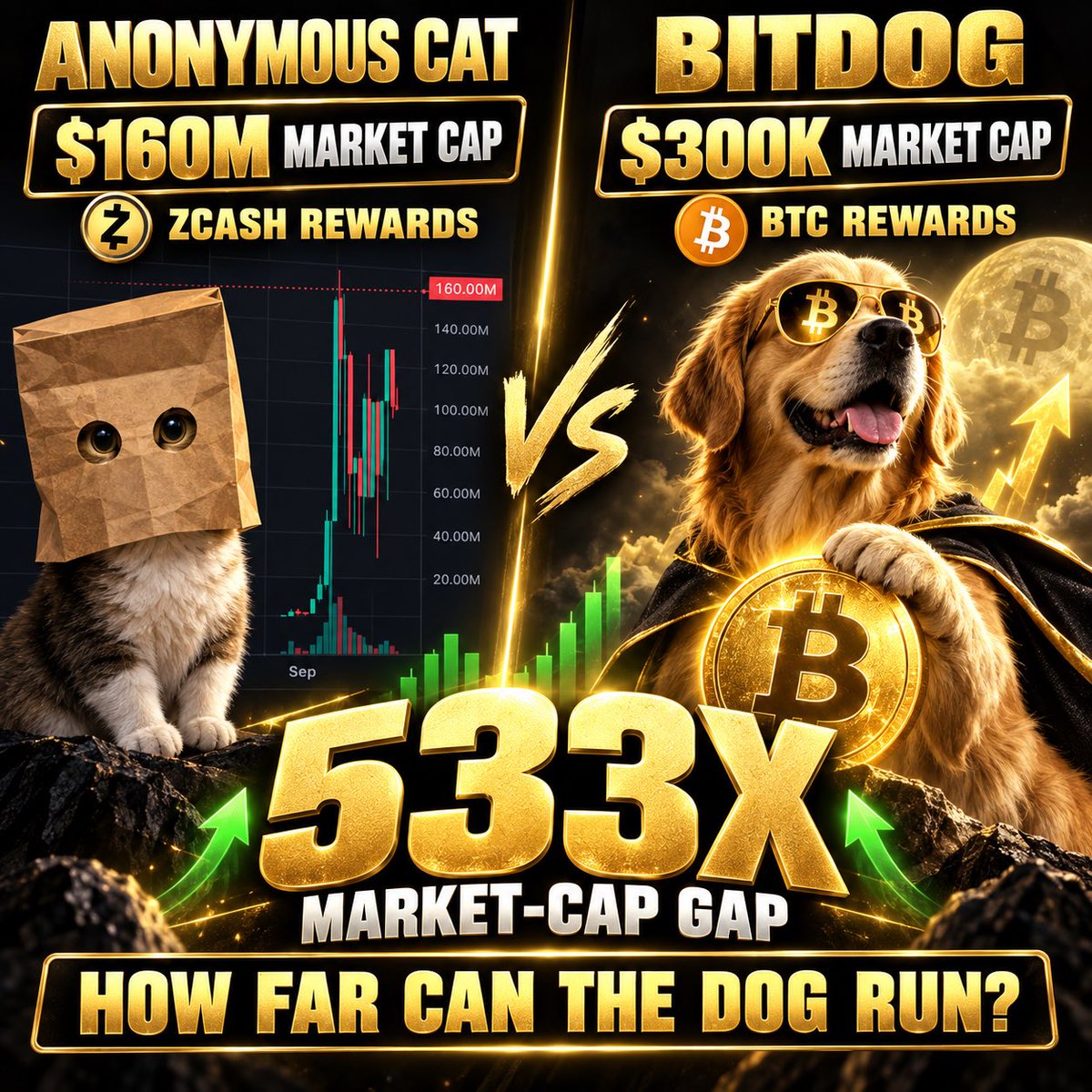 BITDOGlu's tweet photo. Anonymous Cat reached a $160M market cap offering Zcash rewards. 👀

$BITDOG gives holders BTC rewards and sits at only $300K—that’s a 533X market-cap gap! 🐶₿

How far can the dog run? 🚀

#BITDOG #Bitcoin #Solana https://t.co/lpI5HdxrT6