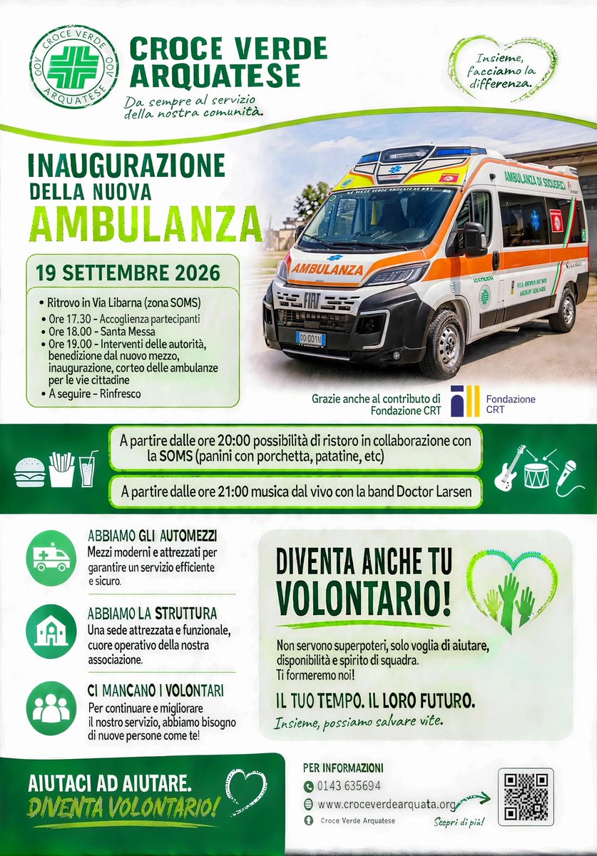 AnpasPiemonte's tweet photo. #Anpas Croce Verde Arquatese inaugura il 19 settembre una nuova ambulanza, acquistata grazie al contributo della #FondazioneCrt e dedicata al ricordo di Elda Repetto. Un nuovo mezzo che rafforzerà il servizio di #soccorso e assistenza alla popolazione.
https://t.co/fuEUpVOPkC https://t.co/EwvgYhwaID