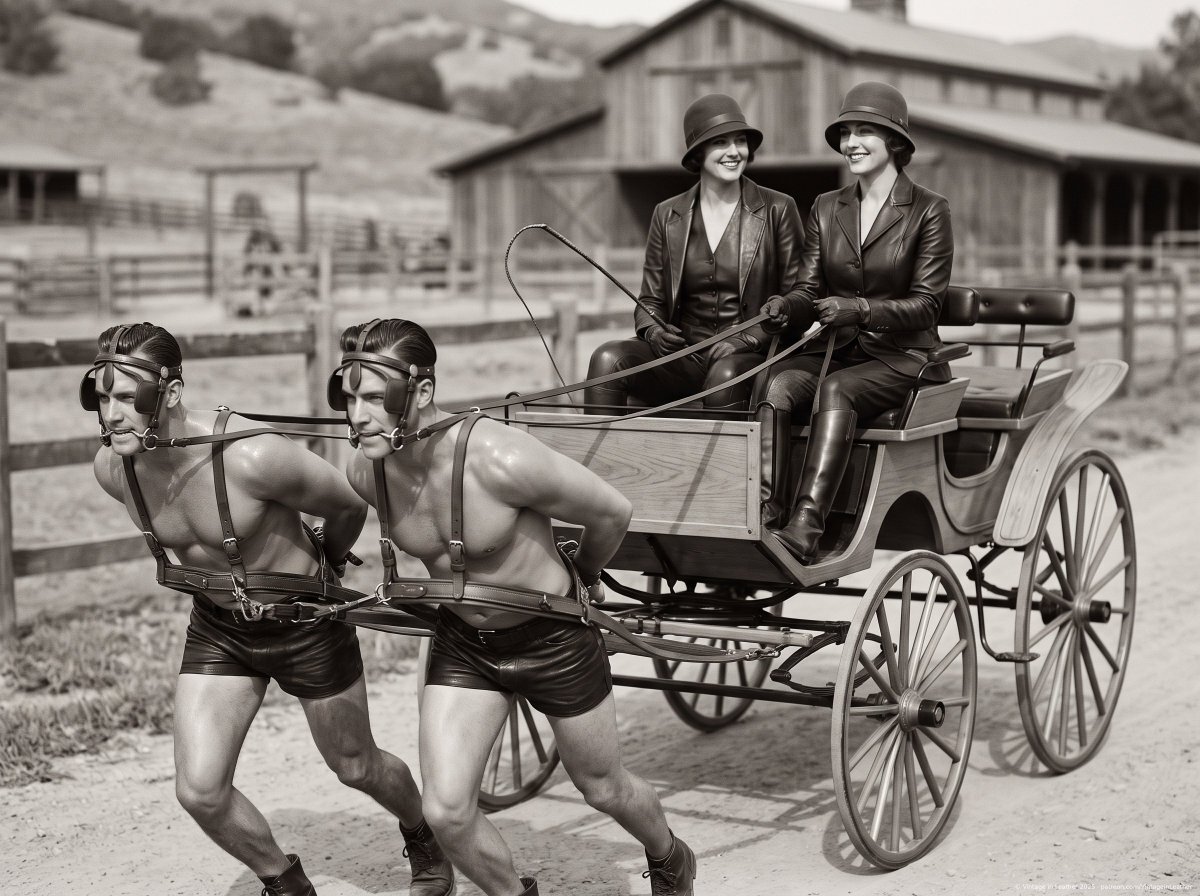 VLeather3612's tweet photo. 🐎 Ranch of Broken Wills • Vol. 3 • 1920s 🐎

👉 Manager Clotilde’s Notice —
This image is from the collection 🐎 Ranch of Broken Wills • Vol. 3 • 1920s 🐎, now available on our Patreon.
https://t.co/uVbpLuy2oi

🐎 Ranch of Broken Wills • Vol. 3 • 1920s 🐎

A 1920s Pony-Play Fantasy of Female Authority

The Ranch has travelled backwards in time.

For its third volume, Ranch of Broken Wills leaves the 1970s behind and enters an imagined world of 1920s equestrian estates and private country ranches, photographed in the visual language of old black-and-white and sepia archival photography.

This is not one ranch, one household, or one continuous story. Across the collection we visit different fictional estates, different women and different adult male pony-play partners. Yet the same private arrangement binds them all together.

Here, female authority is absolute within the game.

The men are not conventional servants, prisoners or slaves. They are willing participants in a highly structured form of consensual adult pony play, men whose submissive nature finds its fullest expression in harness, discipline, ritual and service. Their devotion is not something imposed upon them. It is something they actively offer.

And their Mistresses understand the responsibility that comes with accepting it.

The women may groom them, inspect their harnesses, lead them, train them, put them through carriage work, allow them moments of rest, or simply enjoy the quiet satisfaction of seeing their pony boys exactly where they wish to be. Sometimes the atmosphere is formal and disciplined. Sometimes it becomes unexpectedly gentle, playful or almost domestic.

That contrast is the heart of this volume.

A stern posture may be followed by a reassuring touch. A demanding exercise may end with water, care and approval. What an outsider might interpret as humiliation exists here as part of a deliberately chosen ritual, one understood and desired by both sides.

The men surrender because surrender fulfils them.

The women command because command comes naturally to them.

And somewhere between those two desires, the strange harmony of the Ranch is born.

The imagery deliberately borrows from the visual language of the 1920s, with riding jackets, breeches, leather boots, gloves, cloche hats, rural stables, wooden barns, paddocks and old horse-drawn equipment. Yet the world itself remains unmistakably a Vintage in Leather fantasy, an alternate private universe in which traditional equestrian culture has been quietly transformed into something far more unusual.

At times the men kneel before their Mistresses. At others they stand patiently in harness, undergo preparation and grooming, pull a carriage, carry their riders, or simply remain close while their owners talk, smile and enjoy the afternoon.

And perhaps that is the most important difference in this chapter.

These men do not merely endure their roles.

They belong in them.

Their expressions reveal concentration, pride, anticipation and, very often, unmistakable contentment. They know what is expected of them. Their Mistresses know exactly how far to demand it.

No resentment is required.

No cruelty is necessary.

Only discipline, trust, ritual and the peculiar tenderness that can exist when one person willingly places control into another's hands.

Welcome back to the Ranch.

Only this time, the calendar reads the 1920s. 🐎🔒

#vintageinleather #ponyplay #femalesupremacy #femaledomination