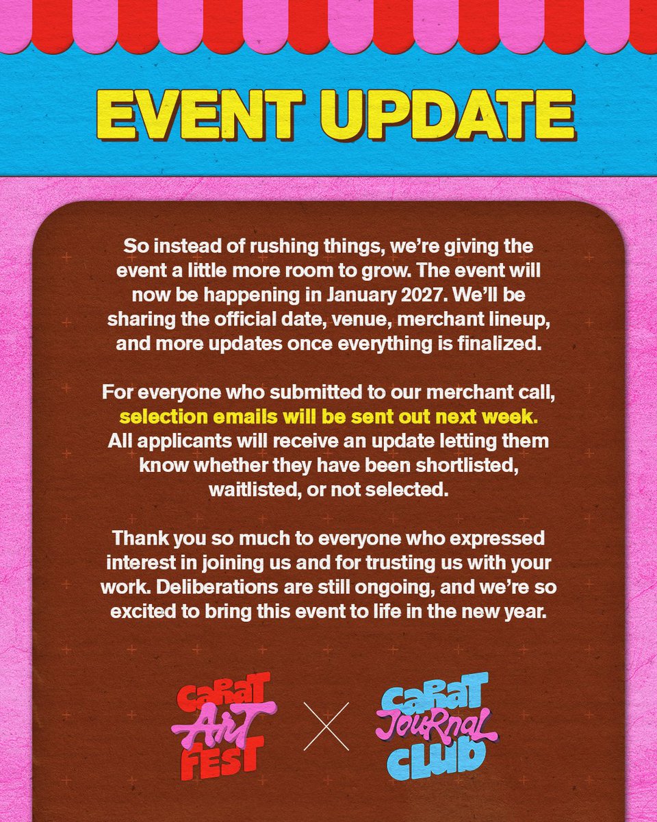 caratartfest's tweet photo. An update from the @caratartfest &amp; @carat___club teams! 👩‍❤️‍👩 https://t.co/AP54VZ7CxM
