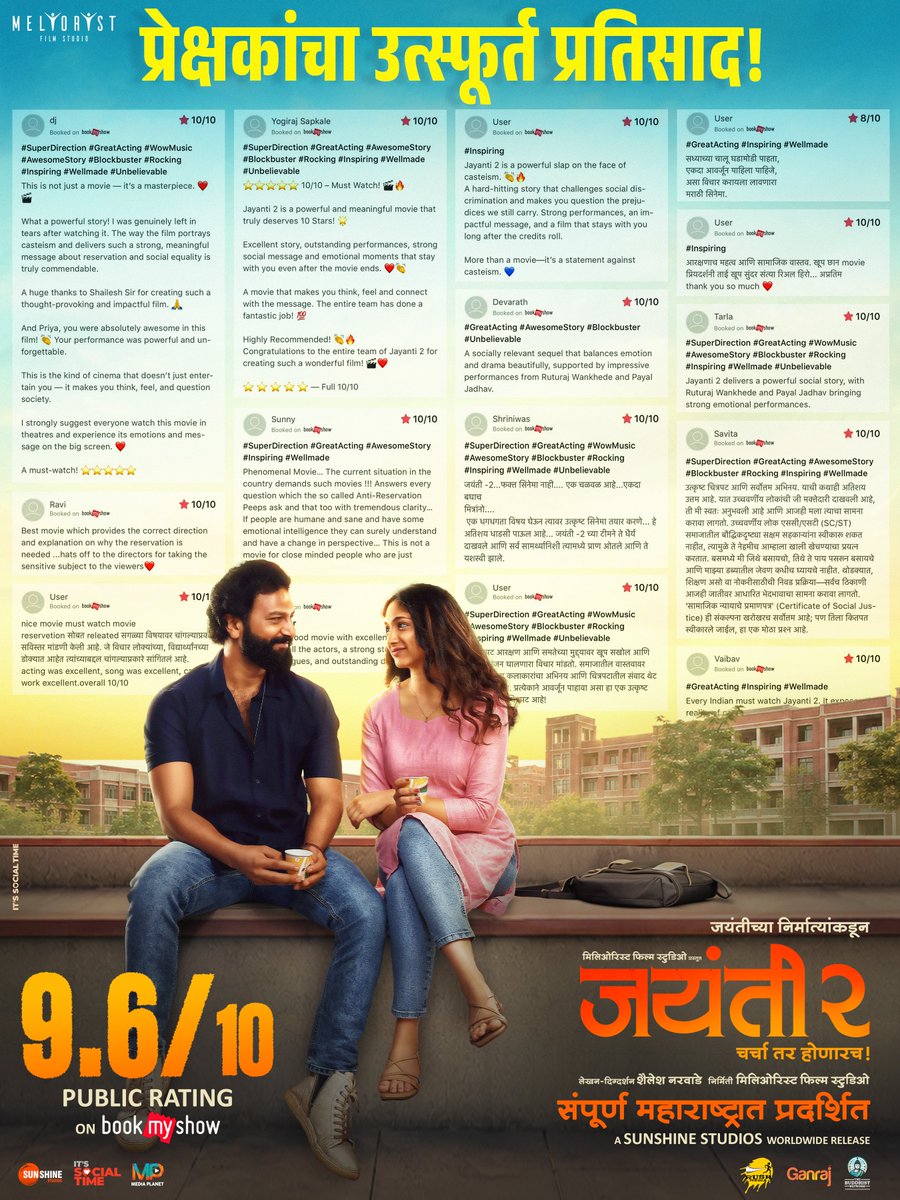 MarathiCineyug's tweet photo. शब्दांपलीकडचे प्रेम! 'जयंती २' पाहिल्यानंतर प्रेक्षकांनी BMS वर व्यक्त केलेल्या या काही अत्यंत बोलक्या भावना!
#Jayanti2 #InCinemas
Cast: Ruturaj Wankhede, Priyadarshini Indalkar, Payal Jadhav, Rohini Hattangady, Devika Daftardar, Vijay Nikam, Rajkumar Jarange, Manasi Subhash https://t.co/aC4q6PLSBU