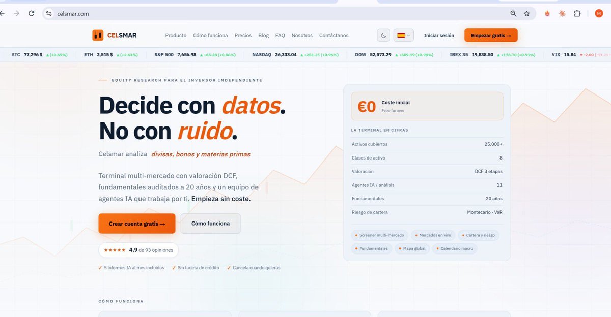 IvancgfinX's tweet photo. 🚨¡ATENCIÓN A MI PRIMER SORTEO! 🎁

Y lo hacemos por todo lo alto junto a Celsmar 😉

Vamos a sortear 2 cuentas PRO de Celsmar entre todos los que participéis. 🚀

Yo llevo un tiempo utilizando Celsmar para analizar y seguir mi cartera, y así es como se ve actualmente la mía dentro de la plataforma.

Lo que más me gusta es tenerlo todo bastante centralizado: evolución de la cartera, distribución, rentabilidad, riesgo, fundamentales, valoración DCF, dividendos, noticias, análisis con IA, alertas… y muchas más herramientas para analizar las empresas que tenemos en cartera o las que estamos estudiando.

Y ahora 2 de vosotros vais a poder probar la cuenta PRO. 👇🏼

Para participar es muy sencillo:

🔁 Haz repost de este post y like ♥️
👤 Síguenos a @CelsmarAI y a mí
💬 Comenta “CELSMAR”

Y ya estarás dentro del sorteo.

Me hace especial ilusión porque es mi primer sorteo y espero que os guste tanto como a mí su web🙂

🍀 ¡Mucha suerte a todos!

⌛Fecha limite domingo 20. A las 21:00h