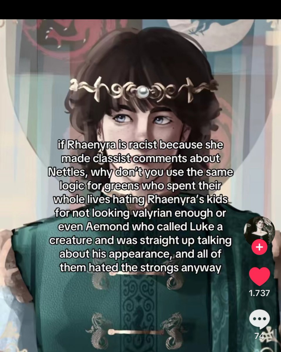 B73300Blue's tweet photo. They use the argument that she’s a blood purist but fail to recognise that tg are so much worse and openly disregard anyone who isn’t of high birth. Rhaenyra was literally losing her mind while grieving the deaths of four of her children, dealing with a w*r and betrayals https://t.co/wJs0V60dQp