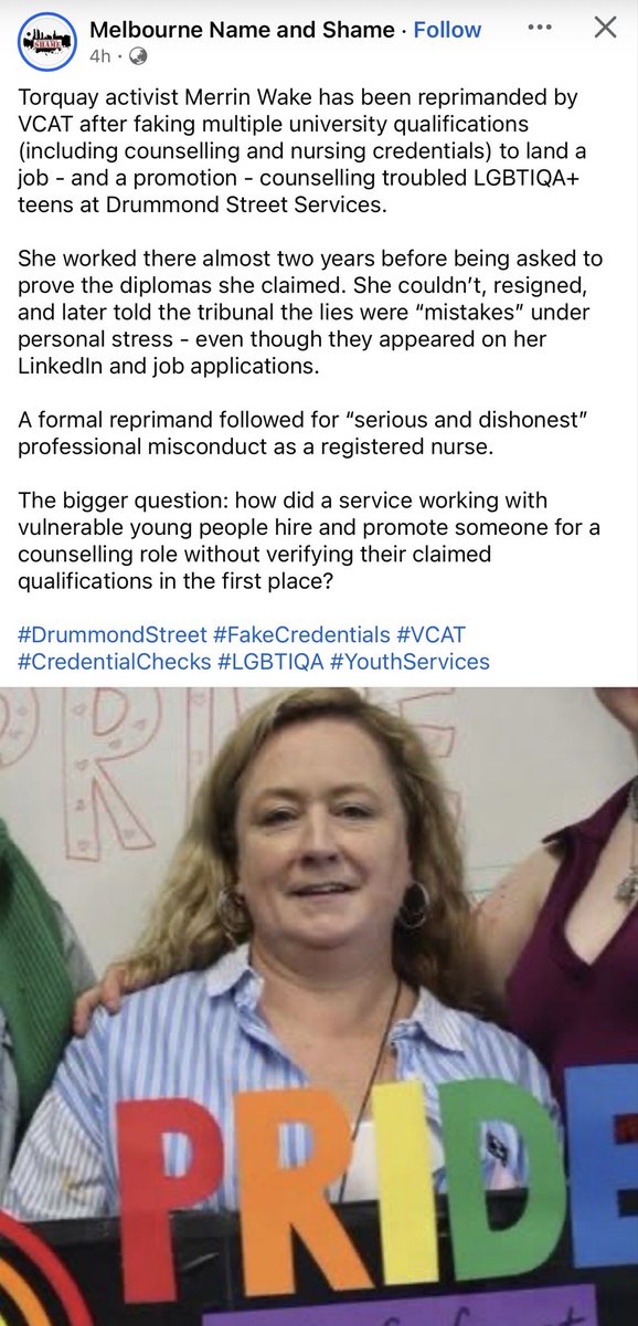 DoNoHarm79's tweet photo. “A trans rights campaigner lied about having five university degrees and faked being a qualified counsellor so she could get a job and a promotion at a clinic for LGBTIQA+ young people”. What happened to due diligence including background and reference checks? https://t.co/2MJGKrjUPT
