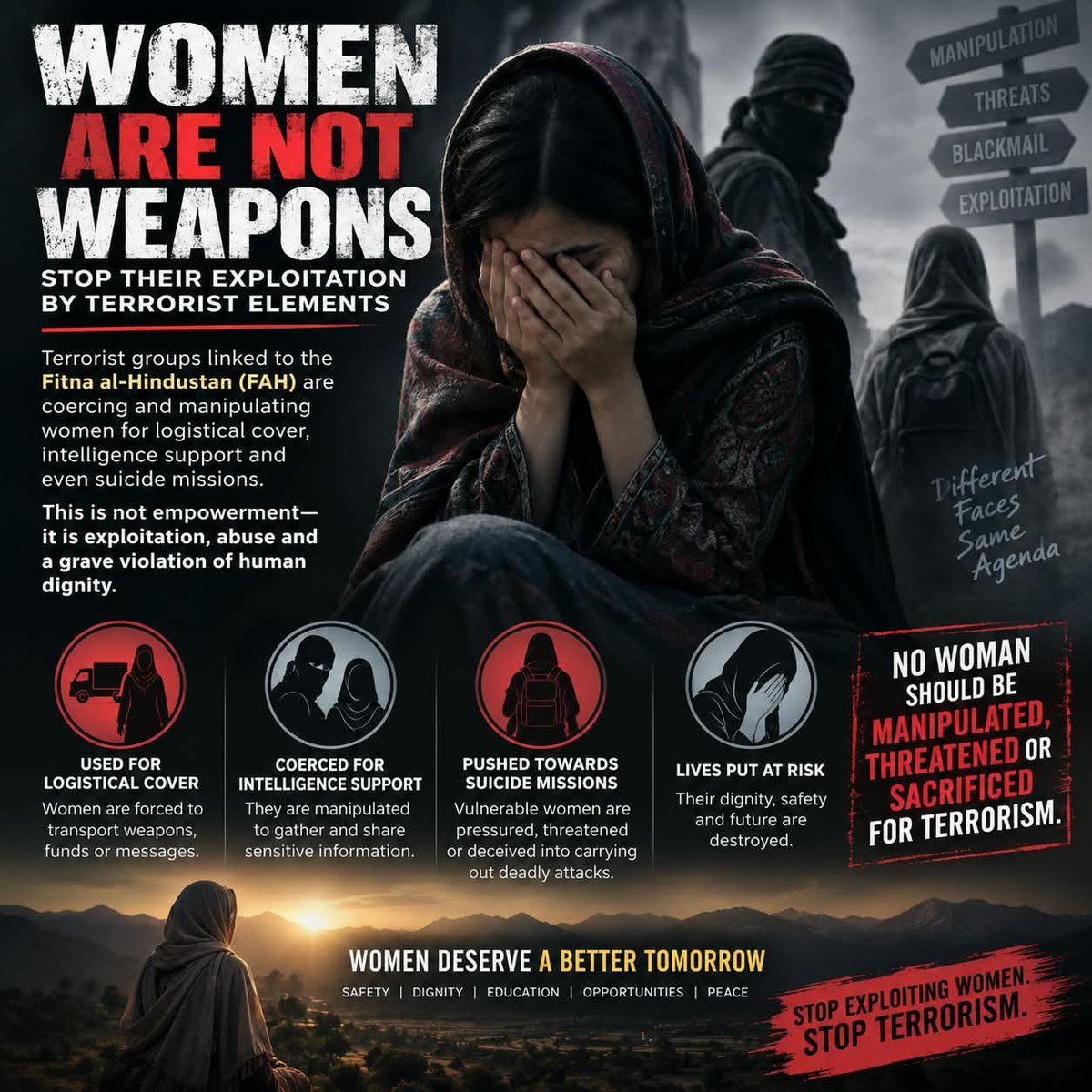 AQumbarni88299's tweet photo. Exploiting women for logistics, intelligence or suicide attacks is coercion, not empowerment. No cause can justify putting women’s lives, dignity and future at risk.
#StopTerrorism #ProtectWomen #EndExploitation #PeaceInBalochistan https://t.co/mRbRBBZ7Kq