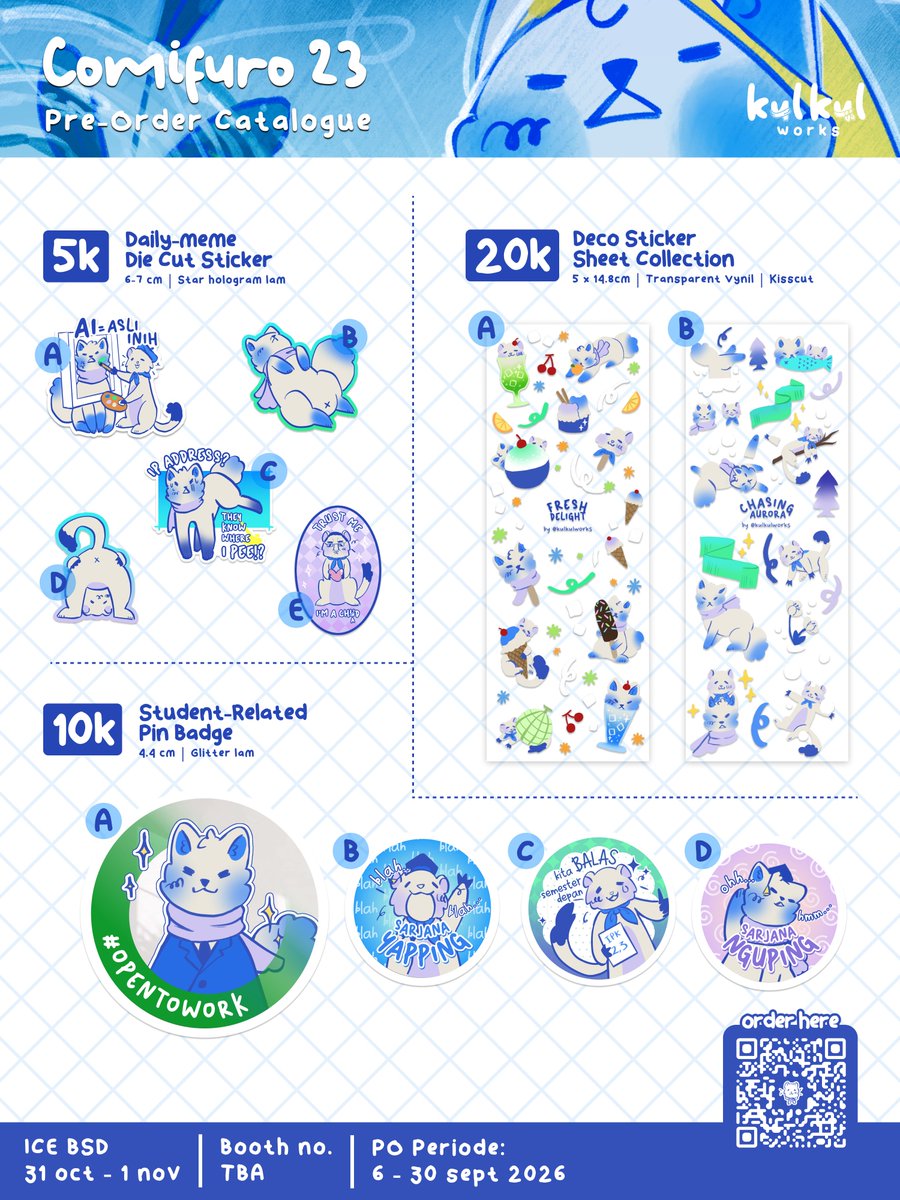 kulkulworks's tweet photo. [💙&amp;🔁 FOR FREE CF23 TICKET⟡]
kulkulworks #CF23 PO + GIVEAWAY TICKET

📆PO period: 6 - 30 Sept 2026
📍Pick up (both days) 
📦 Local mail order avail
🔗 https://t.co/zspdRAEnYr

#comifuro23 #cf23catalogue #cf23giveaway https://t.co/oq2Q7STMyA