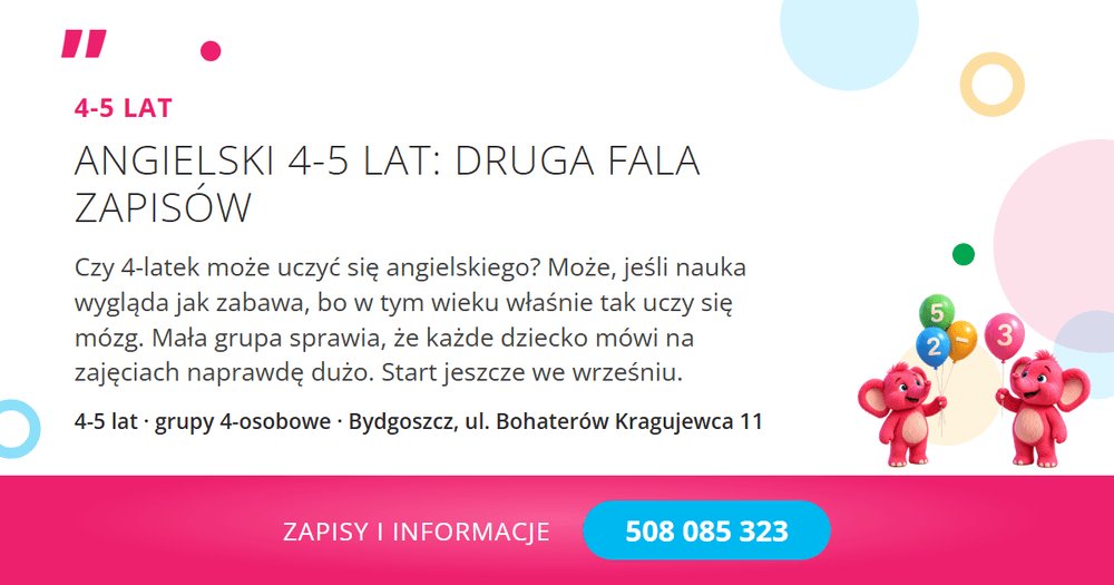 DobreRelacje's tweet photo. 🌟 Pierwsze zabawy z angielskim: ruszyła druga fala zapisów.

Dla dzieci 4-5 lat: słówka przez zabawę, ćwiczenia na koncentrację i pierwsze proste konwersacje. Grupy 4-osobowe, 20 godzin, 1200 zł. Bydgoszcz.

📞 Zapisy: 508 085 323 https://t.co/3ieMKSvjiI