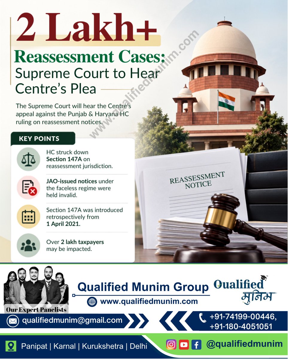 qualifiedmunim's tweet photo. ⚖️ 2 Lakh+ Reassessment Cases: Supreme Court to Hear Centre’s Plea.
A major tax update with potential implications for lakhs of taxpayers. Stay informed with Qualified Munim. https://t.co/Zq0ZwIKzkb
