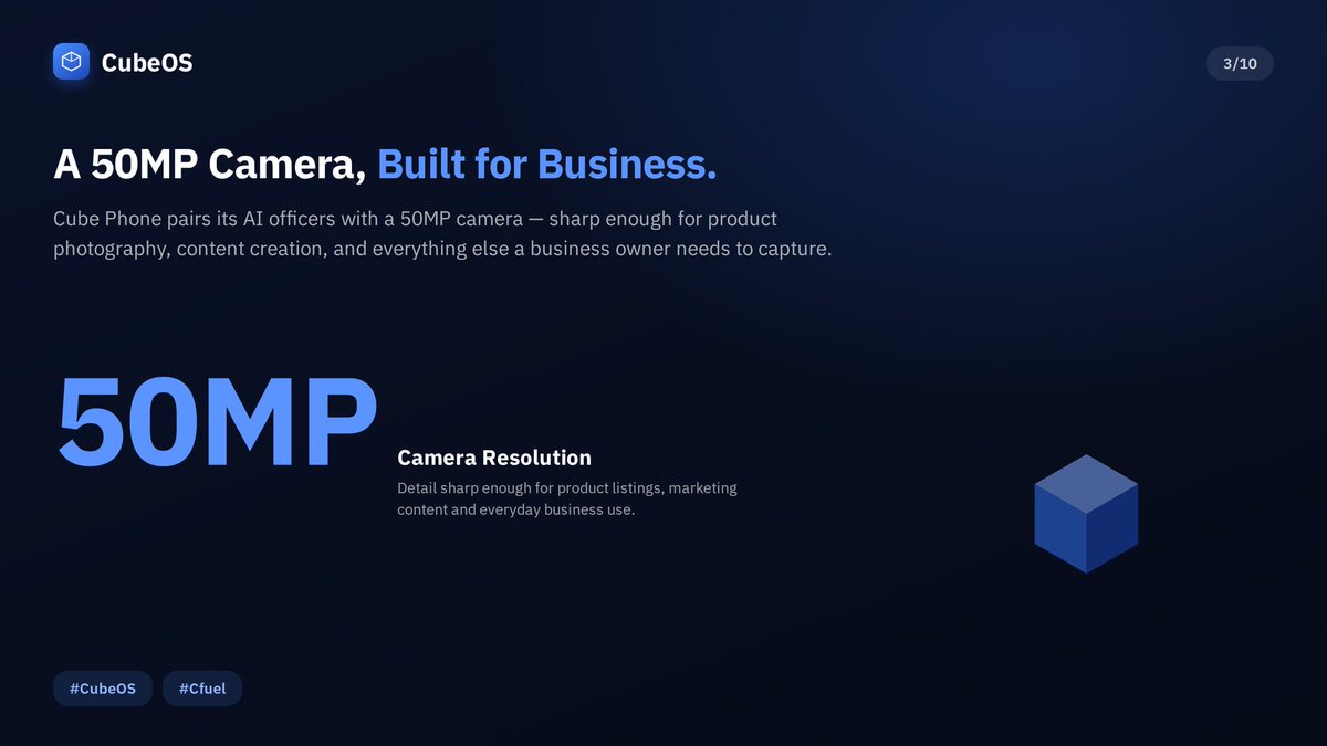 cubeoss's tweet photo. A 50MP camera, built for business. Sharp enough for product photography, content creation, and everything else a business owner needs to capture.

#CubeOS #CubePhone #Camera #Cfuel https://t.co/uouqXhudng