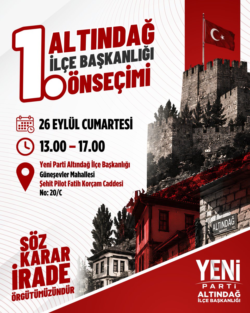YepAltindag's tweet photo. Altındağ’da söz örgütümüzün.

Yeni Parti Altındağ İlçe Başkanlığı önseçiminde üyelerimiz sandık başına geliyor. İlçe örgütümüzün iradesinin belirleneceği bu süreçte tüm üyelerimizi oy kullanmaya davet ediyoruz.

📅 26 Eylül Cumartesi
🕐 13.00–17.00
📍 Yeni Parti Altındağ İlçe Başkanlığı
Güneşevler Mah. Şehit Pilot Fatih Korçam Cd. No: 20/C

Söz, karar, irade örgütümüzündür.