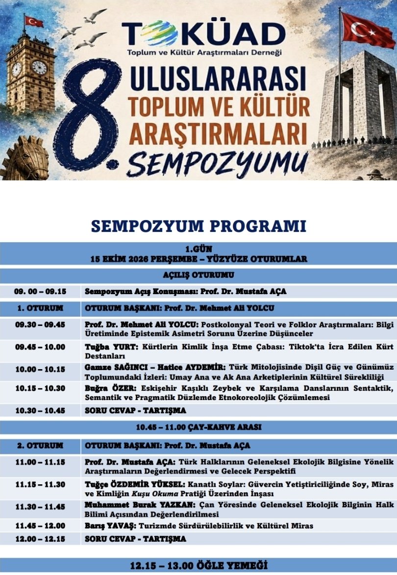 ertuna_abdullah's tweet photo. 8. Uluslararası Toplum ve Kültür Araştırmaları Sempozyumu'nun programı belli olmuştur. İlgilileri 15-17 ekimde Çanakkale'ye bekleriz. https://t.co/aeJEVuvkJf