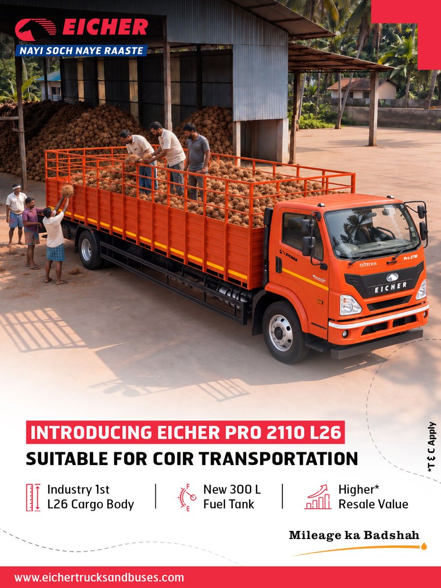 ETBIndia's tweet photo. The Eicher Pro 2110 L26 is built to keep your business moving with an industry-first L26 cargo body, a 300L fuel tank & higher resale value.
For more details, reach out at📞1800 102 3531
#EicherLMDTrucks #MileageKaBadshah #fleetbusiness #coirtransportation #CommercialTrucks https://t.co/uaRWY56nCU