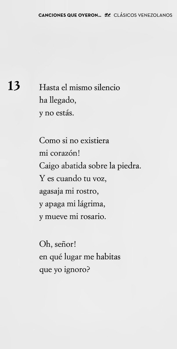 TeamPoetero's tweet photo. "Como si no existiera 
mi corazón!
Caigo abatida sobre la piedra. 
Y es cuando tu voz,
agasaja mi rostro,
y apaga mi lágrima,
y mueve mi rosario.

Oh, señor!
en qué lugar me habitas 
que yo ignoro?"

María Calcaño 
(Venezuela, 1905-1956) https://t.co/T0lL4Sg0Dc