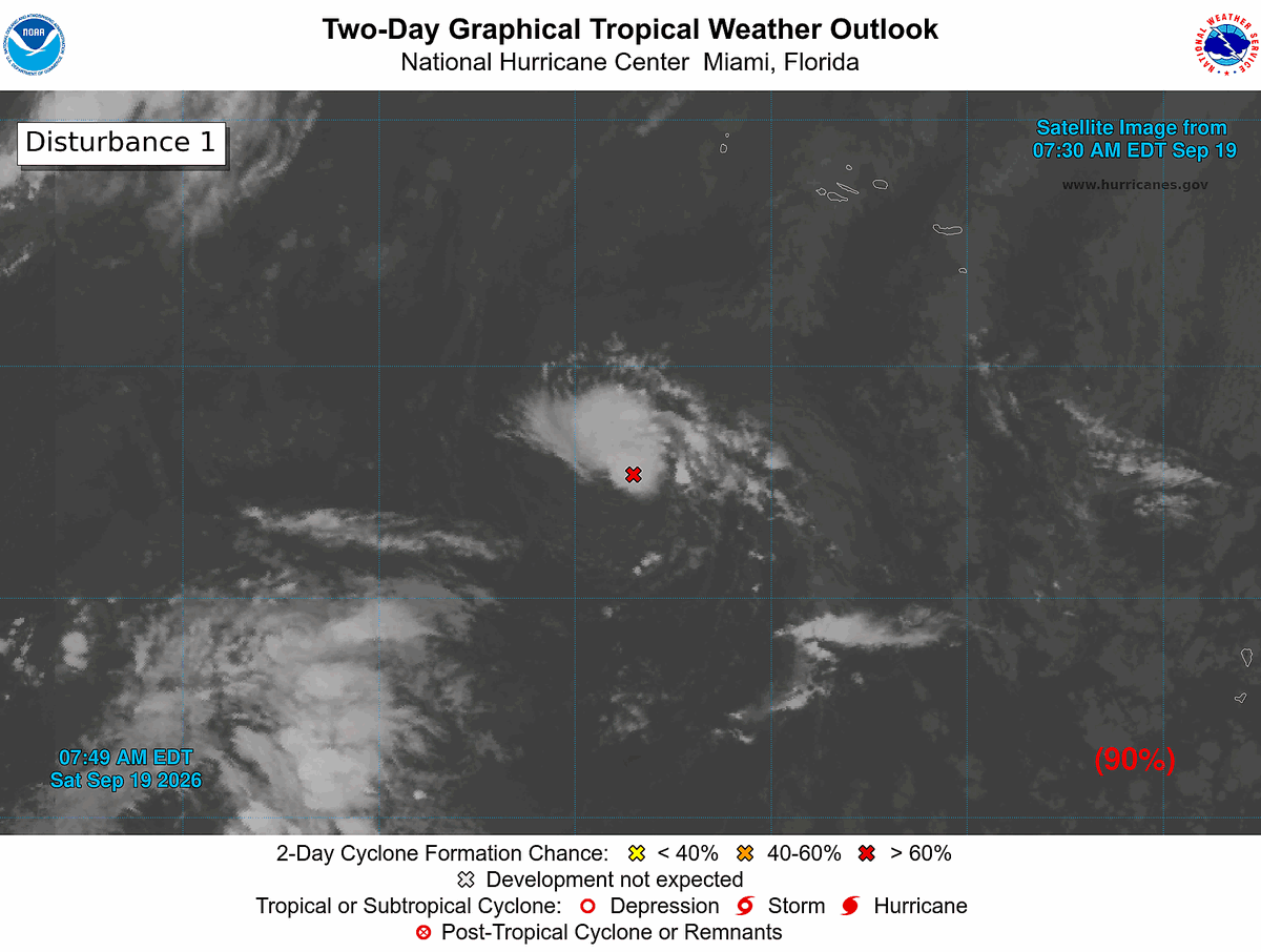 NHC_Atlantic's tweet photo. 8 am EDT Sat, Sep 19: A short-lived tropical depression or tropical storm is expected to form later today or tonight while moving north-northeastward at about 5 mph, remaining well southwest of the Azores. Conditions will become less favorable for further development beginning late Sunday. #AL99

Formation chance through 48 hours: High (90%)   Formation chance through 7 days: High (90%)

More details: https://t.co/Wq6ZtKfHp9