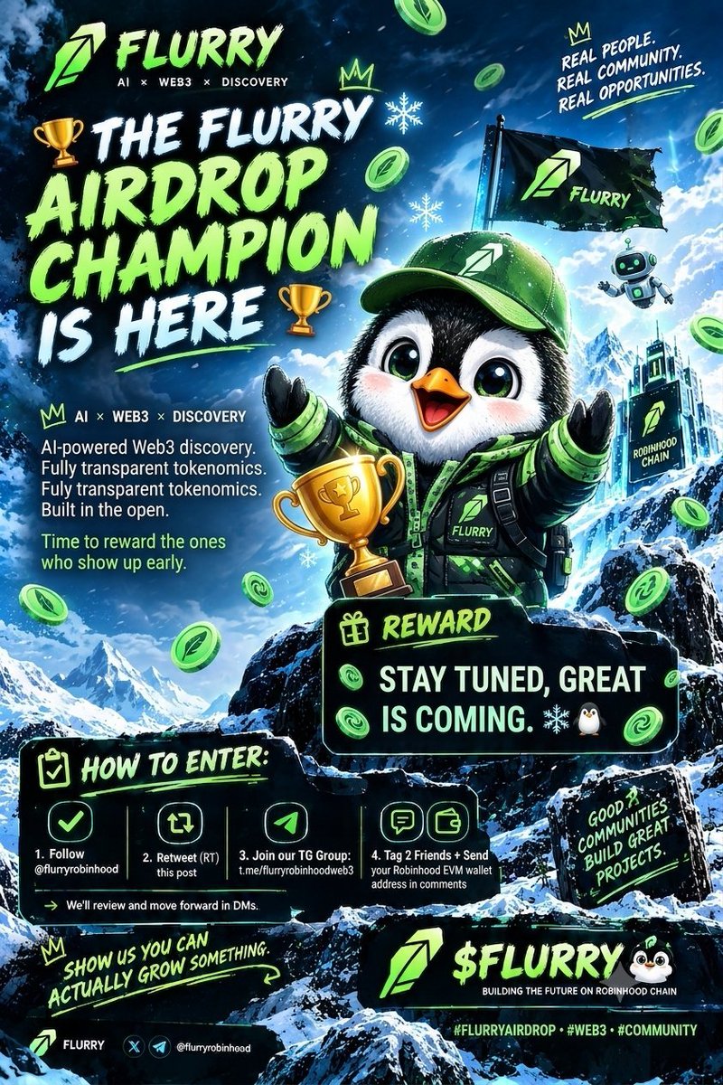 heelat12's tweet photo. 🏆 THE FLURRY AIRDROP CHAMPION IS HERE 🏆

AI-powered Web3 discovery. Fully transparent tokenomics. Built in the open. Time to reward the ones who show up early.

✅ Follow + RT this post
✅ Join our TG: https://t.co/TblNqgp83G…
✅ Tag 2 friends in the comments + send your Robinhood EVM wallet address.

Stay tuned, great airdrop is coming
This is just the beginning and we are just getting started 🔥🔥

Position urself and be part of early adopters. 
@flurryrobinhood
$FLURRY 🚀