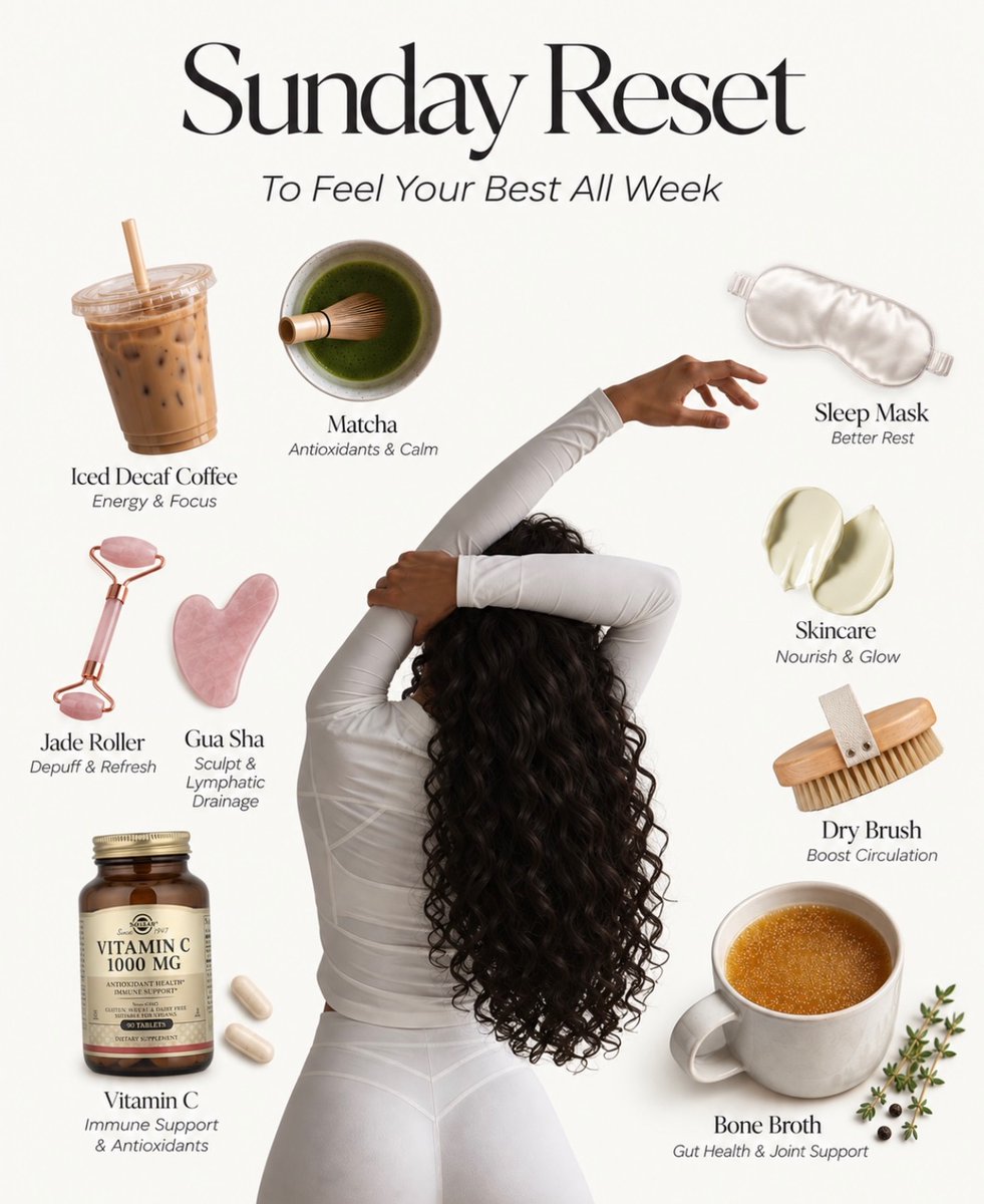 JenaMooserzu4c's tweet photo. Sunday reset mode. A little self-care, nourishment, and intention to feel refreshed and ready for the week ahead—from skincare and matcha to movement, supplements, and bone broth. Simple rituals that make Sunday feel like a reset. https://t.co/lElC8A9Qoh