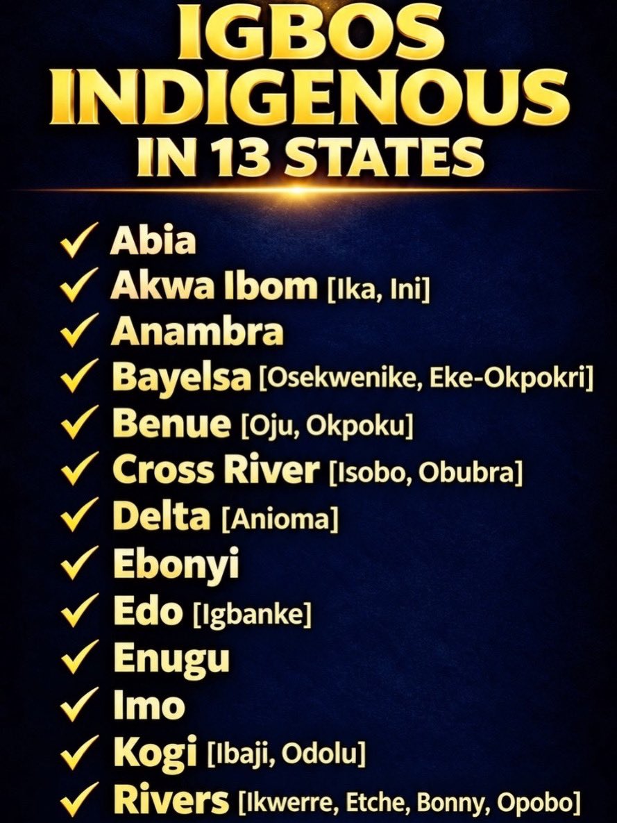 IfeomaIgbotic's tweet photo. Igbos are indigenous to 13 states in Nigeria.

Administrative and political divisions have created boundaries among us.

Mana, Igbo bu ofu! 

The Igbo people share same linguistic, ancestry, history, and cultural heritage. https://t.co/KvmJt1Vv5d
