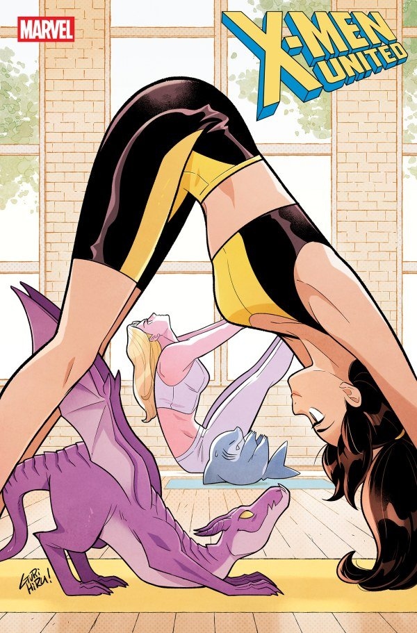 Gurihiru's tweet photo. X-Men United #9 のバリアントカバーを描きました。Marvelキャラクターのワークアウトというテーマで、グリヒルはキティ・プライドとエマ・フロストを担当しています。ペットヨガのようにロッキードとジェフも参加です。 https://t.co/LnSY3aVbOe