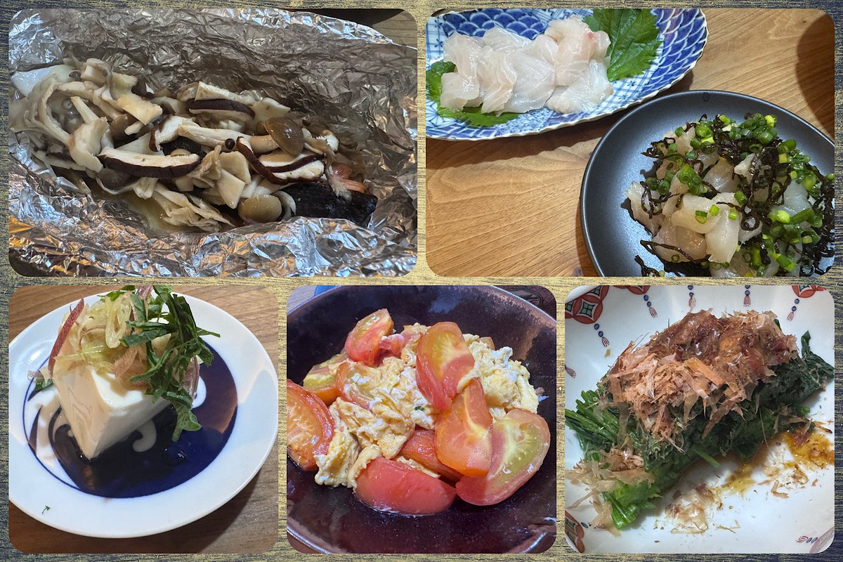 yoshimogi8's tweet photo. 鮭のホイル焼き
キジハタ　7日熟成
冷奴
トマトの卵炒め
ほうれん草のおひたし

乾杯🍻 https://t.co/mZ2gnJIMqO