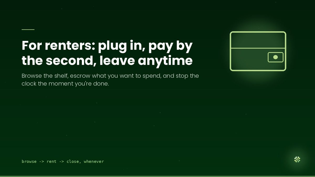 Rentnodeweb's tweet photo. If you need compute for five minutes or five days, the flow is the same either way: pick a listing, escrow what you're comfortable spending, and close whenever you're done. Whatever's left comes straight back. https://t.co/vQGXL0m4Yg