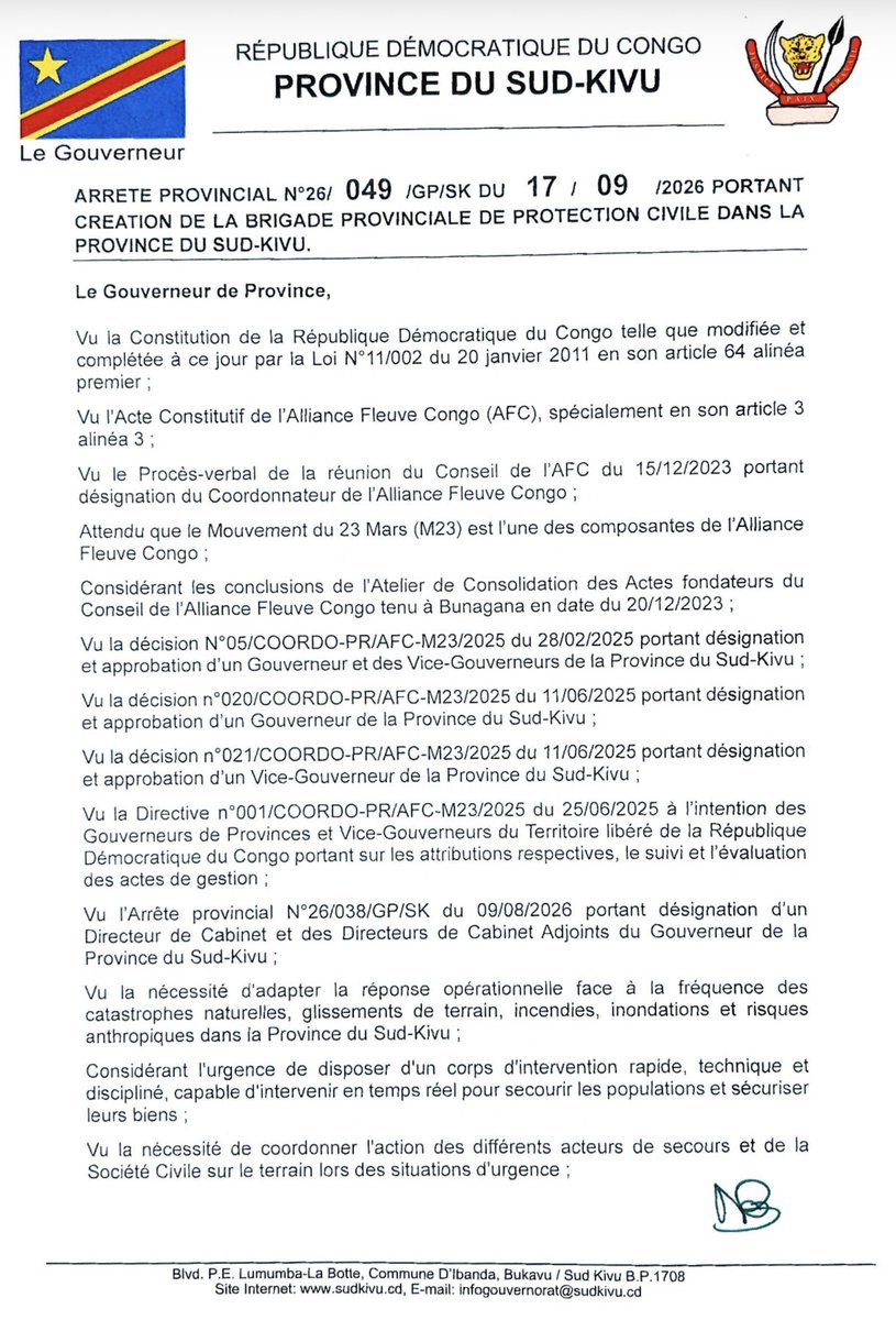 LawrenceKanyuka's tweet photo. ARRETE PROVINCIAL Nº26/049/GP/SK DU 17/09 2026 PORTANT CREATION DE LA BRIGADE PROVINCIALE DE PROTECTION CIVILE DANS LA PROVINCE DU SUD-KIVU. https://t.co/auPLuwUggU