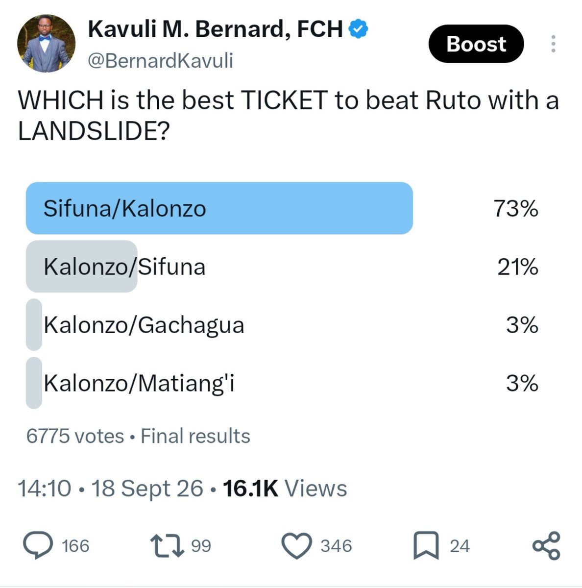 BernardKavuli's tweet photo. I've done two POLLS and I must be brutally HONEST. In whatever formula to be used, Sifuna MUST be in the presidential TICKET. Any opposition's ticket WITHOUT the name of Sifuna is INCOMPLETE and bound to FAIL. https://t.co/Vqdywvhpfq