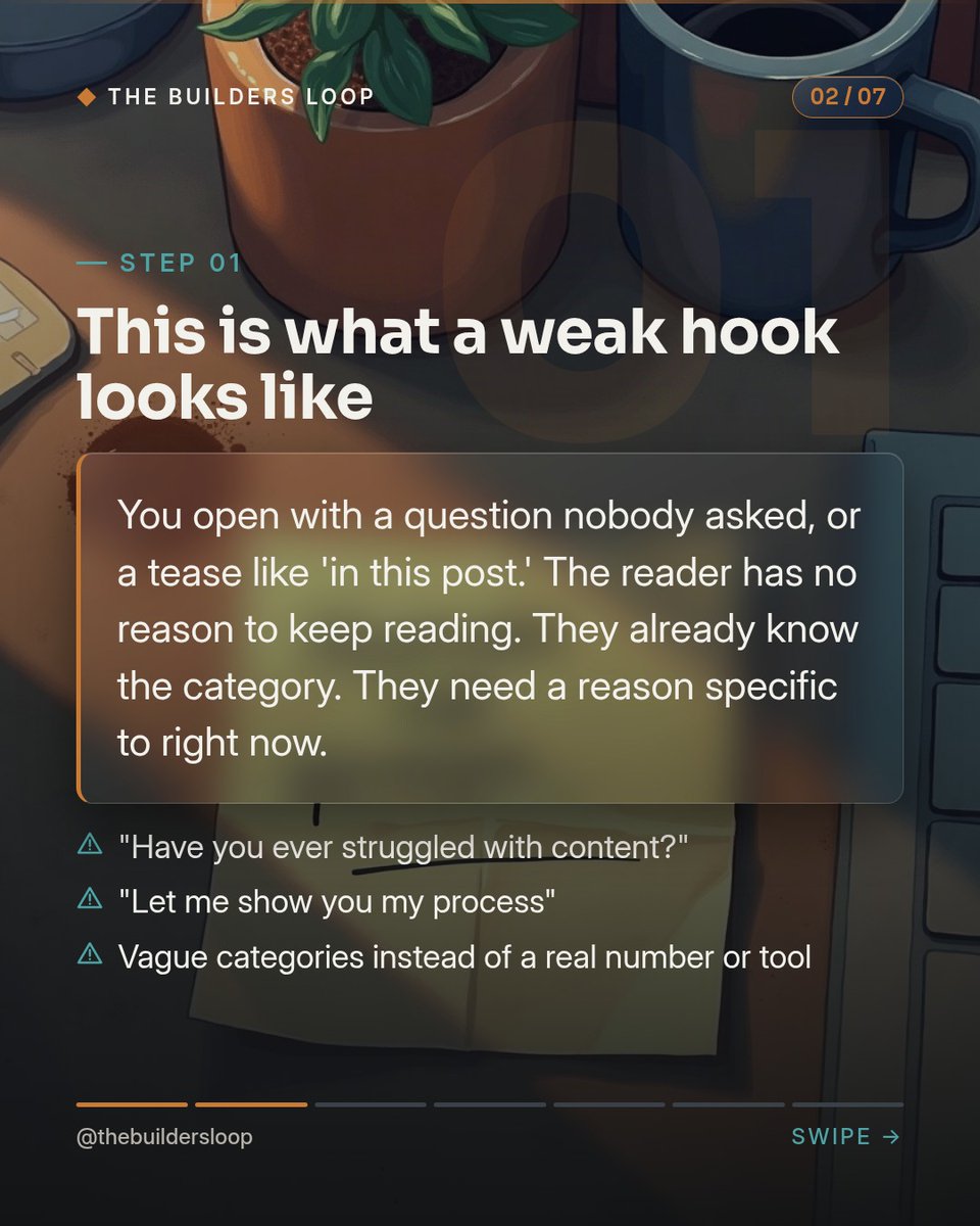 BibiMeccats53's tweet photo. Most hooks fail because they try to be clever instead of specific. Your hook is the entire pitch, not a warm-up. Open with a number, named tool, or clear before-and-after. Write ten, read them aloud, cut every unnecessary word, and test them https://t.co/QuUttKdq5P