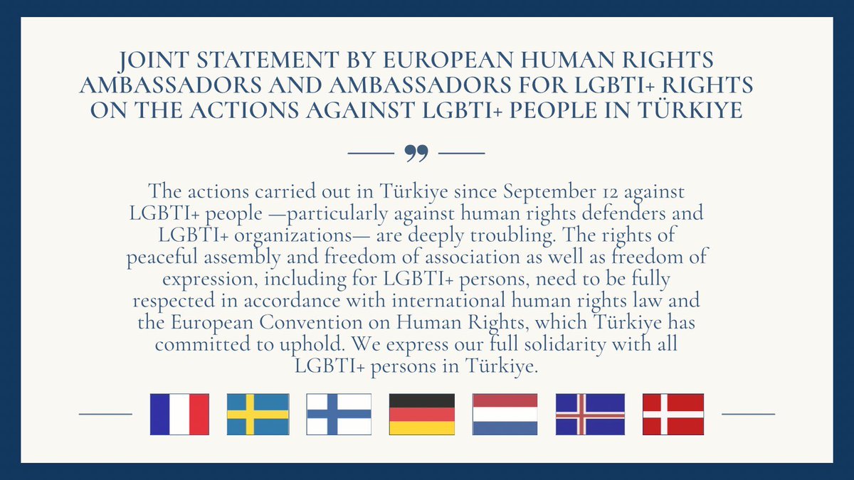 hikmetgenc's tweet photo. 7 AB ülkesi;

- Hollanda
-Almanya
-İzlanda
-Fransa
- İsveç
- Finlandiya
- Danimarka

Türkiye’deki “Ailem Güvende” operasyonlarını kınadı. (LGBT mağdur edilmiş!?)

Erdoğan “‘top’unuz gelin!” dediydi, gelmişler!!! https://t.co/SPRoL0jXZq