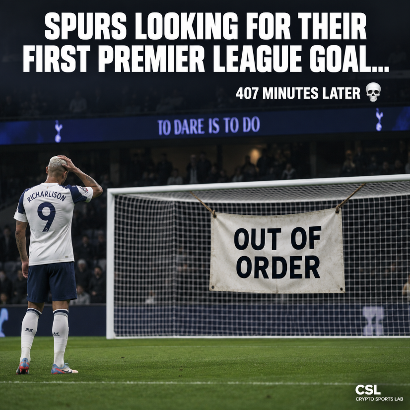 Cryptosportslab's tweet photo. Spurs have gone 407 Premier League minutes without scoring. 💀

Aston Villa today. Surely the drought ends eventually… right? 😂

#TOTAVL #THFC https://t.co/I3VawmbYLC