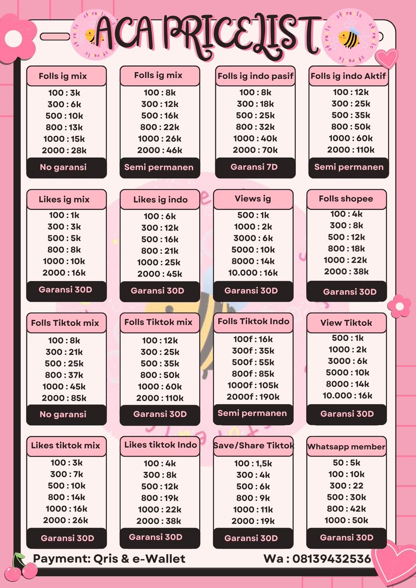 bestorealc's tweet photo. Pricelist new!! FOLLOWERS IG MIX FOLLS TOKTOK INDO AKTIF LIKES VIEW MIX PERMANEN MURAH START IOOO AJA iaaaa bergaransi sellernya pembaik xixi https://t.co/0JwPRZYJHy