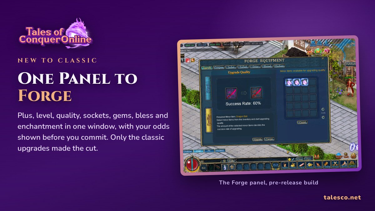 xir0dev's tweet photo. If you played the classic era, you upgraded gear by walking from NPC to NPC. Later versions of Conquer added a Forge panel. Many classic players never saw it.

TalesCO brings it in. Plus, level, quality, sockets, gems, bless and enchantment all happen in one window, the same way every time, and it shows your success chance before you spend a single Meteor or DragonBall.

Composition gets a progress bar, so you see how close the next + is. Feeling lucky? Quick Composition gambles your progress for the next + right away.

We kept it simple: refinery, mounts and every other non-classic upgrade are gone. Only the forging you know remains.

Did you ever use the Forge panel, or are you an NPC-walker at heart?

#ConquerOnline #TalesCO #ClassicMMO