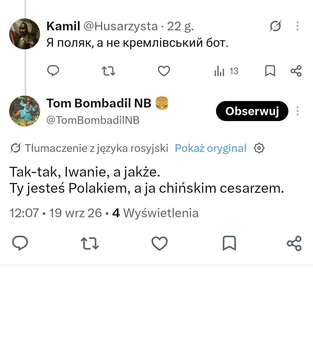 Husarzysta's tweet photo. @TomBombadilNB Tylko dlaczego twój komentarz jest teraz tłumaczony z Rosyjskiego ? https://t.co/j4HkFLi089