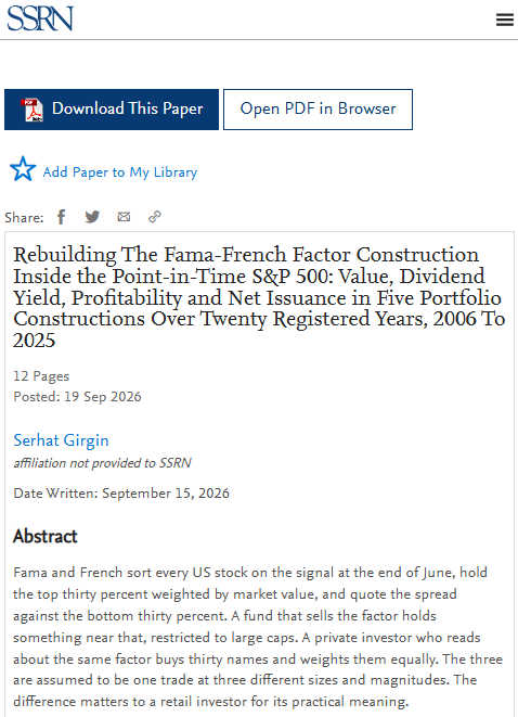 QuanterLab's tweet photo. QuanterLab
Rebuilding The Fama-French Factor Construction Inside the Point-in-Time S&amp;P 500 Available at SSRN: https://t.co/jYjLyXEy4O or https://t.co/BkGvG7hEiq https://t.co/FiygB7UR9N