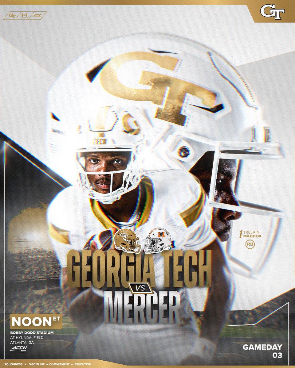 GeorgiaTechFB's tweet photo. Let’s get it. 

🆚 Mercer
⌚️ 12:00 pm
📺  @accnetwork
🏟️  Bobby Dodd Stadium at Hyundai Field
🔗   https://t.co/u7ETNvOzo0

#StingEm 🐝 https://t.co/GA1wFuKa1H