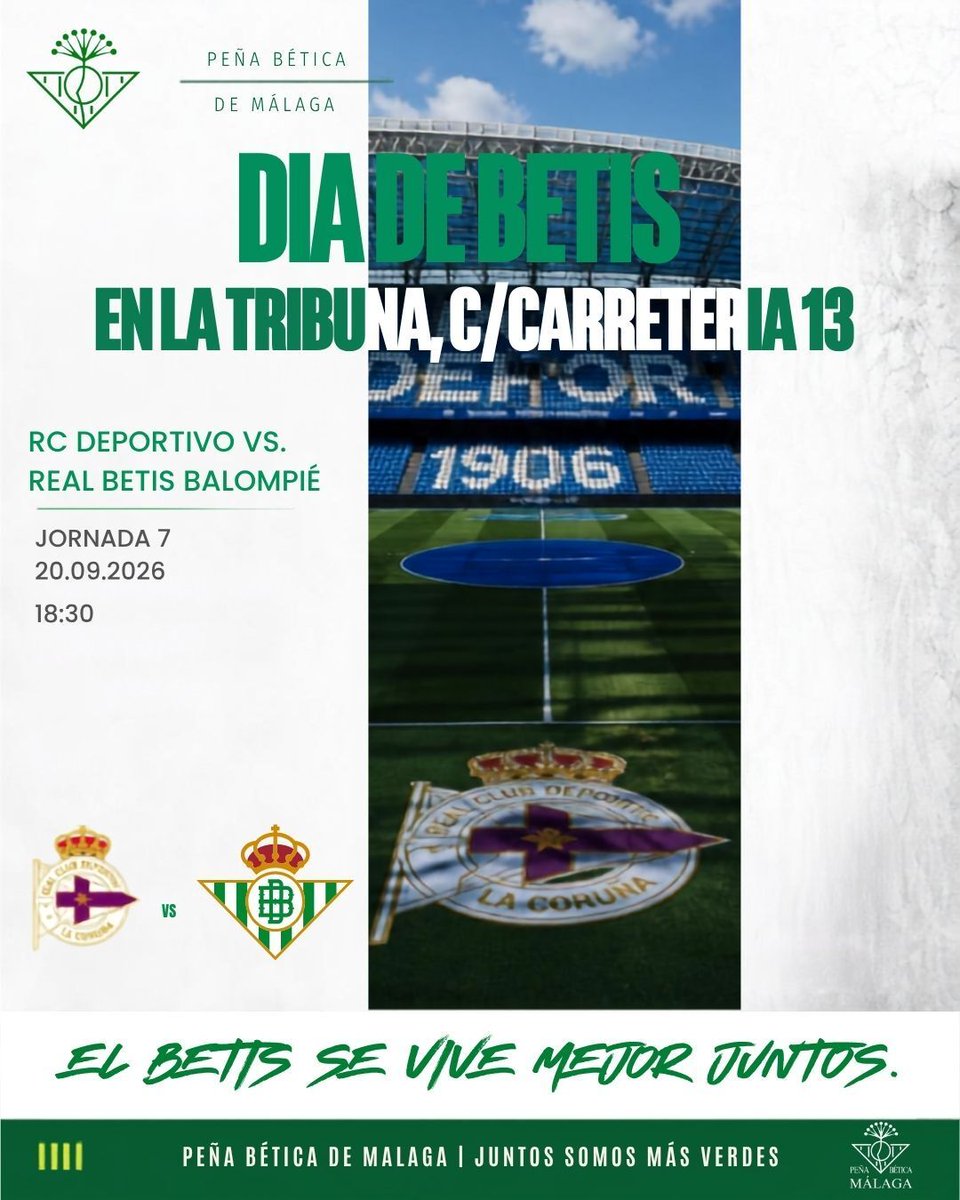 pbeticamalaga's tweet photo. 🎸 IT'S THE FINAL COUNTDOWN… 🎸

Pero tranquilos, que solo es la jornada 7. 😂

La cuenta atrás ya ha comenzado para el Betis - Deportivo. 💚

📅 20-09-2026 · ⏰ 18:30
📍 Bar La Tribuna · Málaga

Nos vemos para otra noche de Betis.

Haciendo Betis en Málaga. https://t.co/qpFkcSuA9L