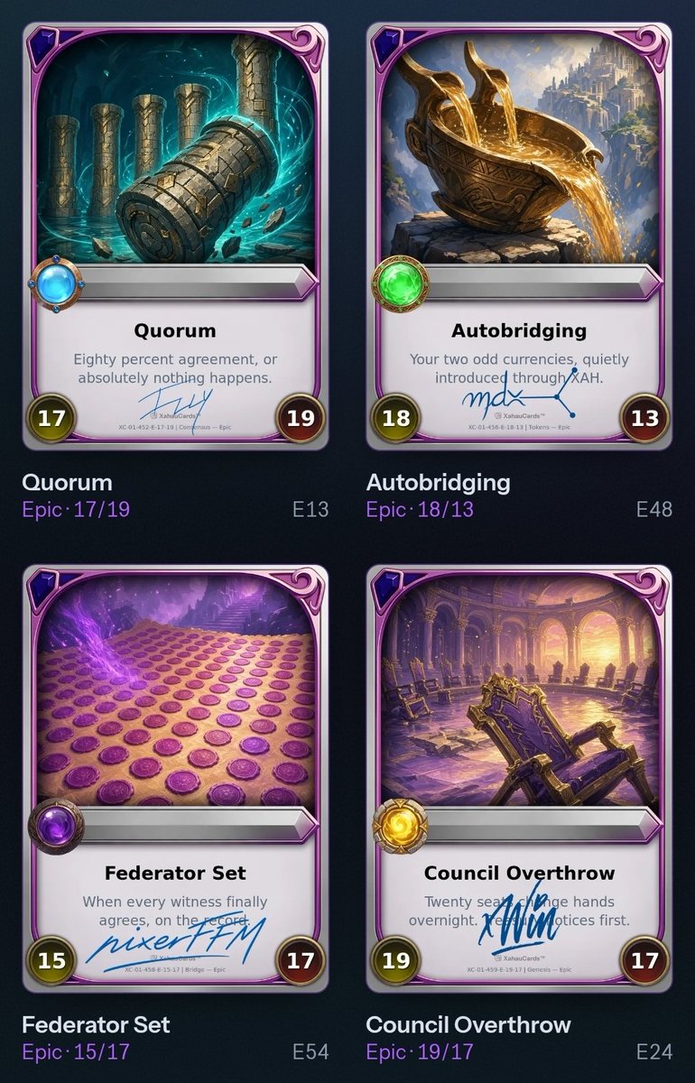 Defi_daemon's tweet photo. One of the coolest experiences on the block!

@XahauCards mint and signing of digital cards is one of the best interactions in crypto I've seen. Flawless execution!

Shout out to all the signers for taking the time to enhance the adventure. It felt like a mini Easter egg hunt. https://t.co/PlQuRPE3Zn