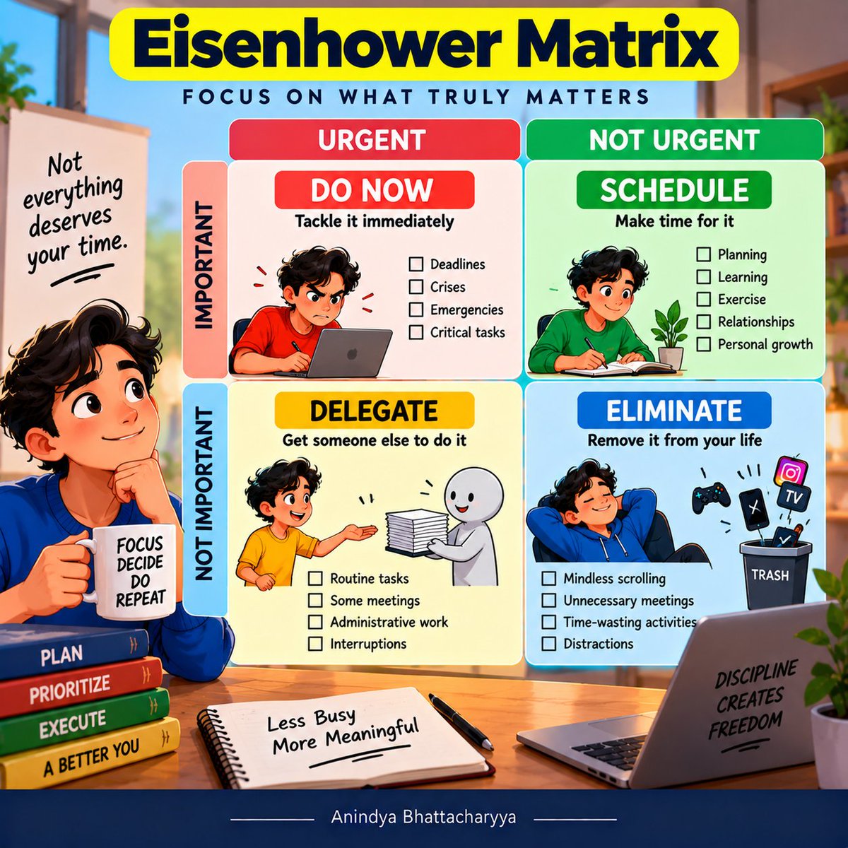 anindyatweets's tweet photo. Being busy doesn’t always mean being productive.

The Eisenhower Matrix helps you separate tasks by urgency and importance:

Do. Schedule. Delegate. Eliminate.

Focus less on everything—and more on what truly matters.

#MentalModels https://t.co/eprTTn8Rf3