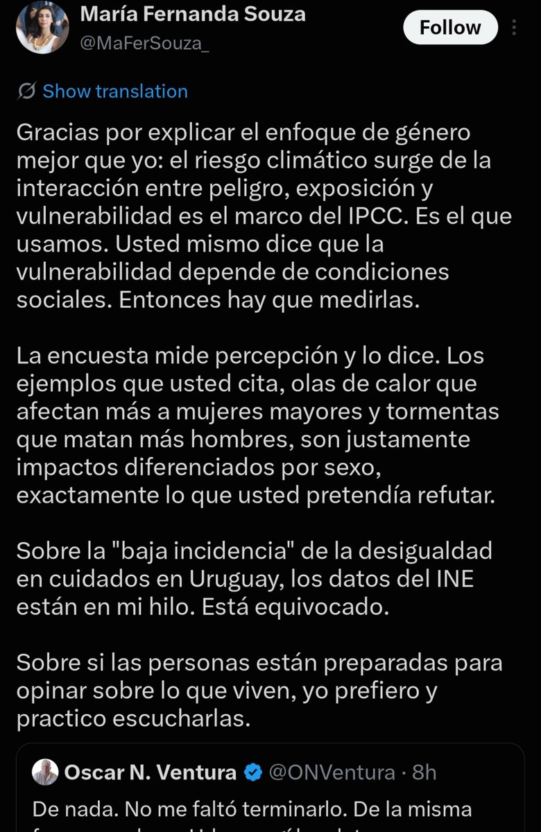 PhDenLogica's tweet photo. Si el problema de que el cambio climático afecta más a las mujeres no tienen nada que ver con el cambio climático (por que el peligro es el mismo), sino con que las mujeres son más vulnerables, entonces la solución no tiene nada que ver con el cambio climático tampoco...

Es más, seguir gastando recursos en el cambio climático, que podrían ser usado para ayudar a las personas vulnerables es la peor política posible. Solo respaldada por los políticos que viven de la misma.

Se ve que pasa la vids escuchando experiencia, en vez de analizar datos. Por que la Maestría que tiene, no tiene una sola materia tecnica, y es incapaz de hacer un análisis crítico...