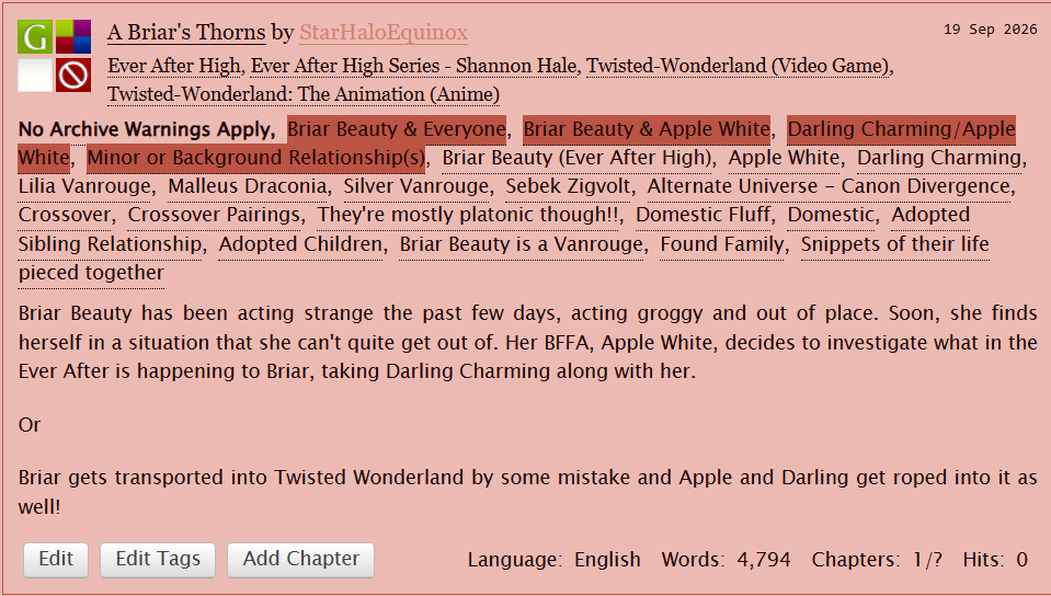 Mukudayo's tweet photo. My fanfic of Briar Rose x Diasomnia, A Briar's Thorns, a #twst & #eah crossover fanfic has been posted today!
Read now on Ao3!
🔗https://t.co/oDep7YZTok
#EverAfterHigh #TwistedWonderland https://t.co/3JN20sO6Q9